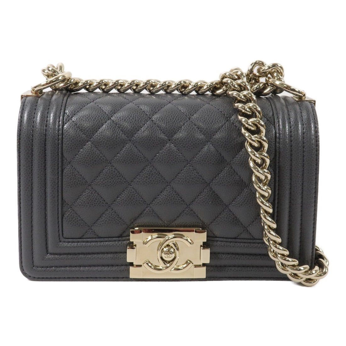 CHANEL Boy 20 Chain Shoulder Bag A67085 Gray Calfskin: CHANEL Boy 20 Chain Shoulder Bag A67085 Gray Calfskin A CHANEL Boy 20 chain shoulder bag in gray calfskin leather, model A67085. It features a chain shoulder strap, flap closure, and an interior open 