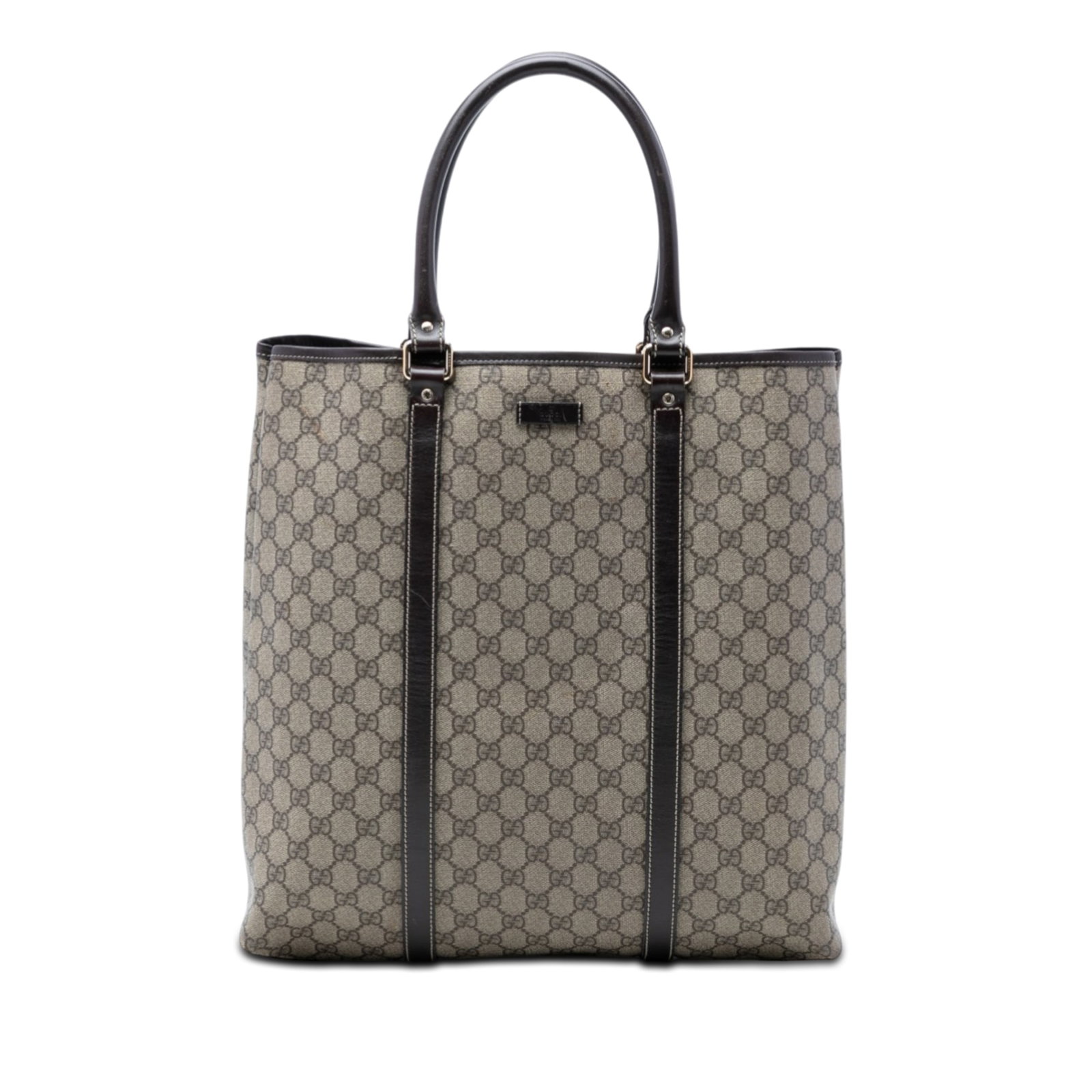 GG Supreme Joy Vertical Tote Bag with Leather Trim by Gucci: GG Supreme Joy Vertical Tote Bag with Leather Trim by Gucci This Gucci GG Supreme Joy Vertical Tote features a coated canvas body with leather trim, rolled leather handles, an open top with magnetic s