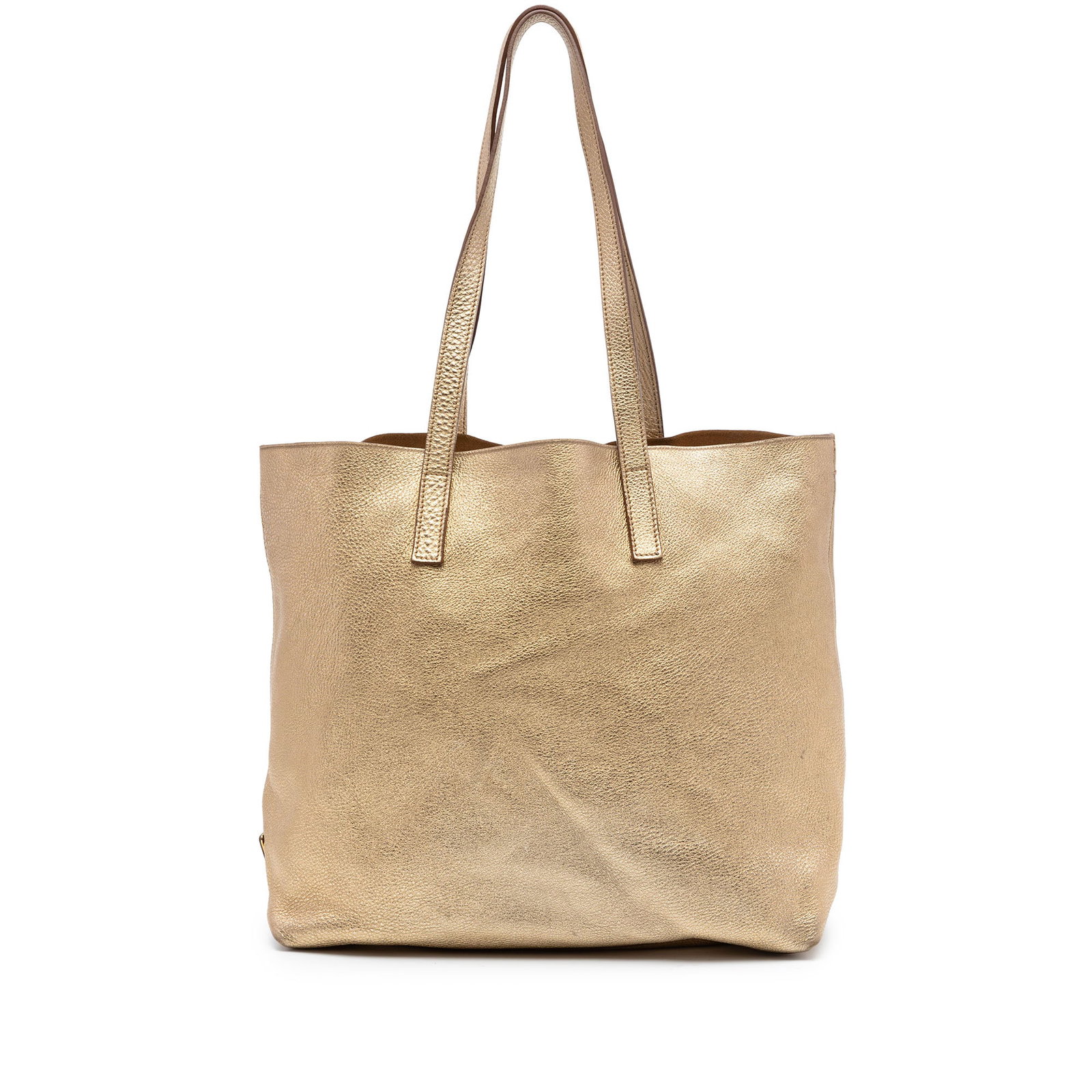 Prada Metallic Vitello Daino Leather Tote Bag Gold: Prada Metallic Vitello Daino Leather Tote Bag Gold Prada Metallic Vitello Daino Tote in gold leather, made in Italy. It features a metallic leather body, flat leather straps, an open top, and an inter