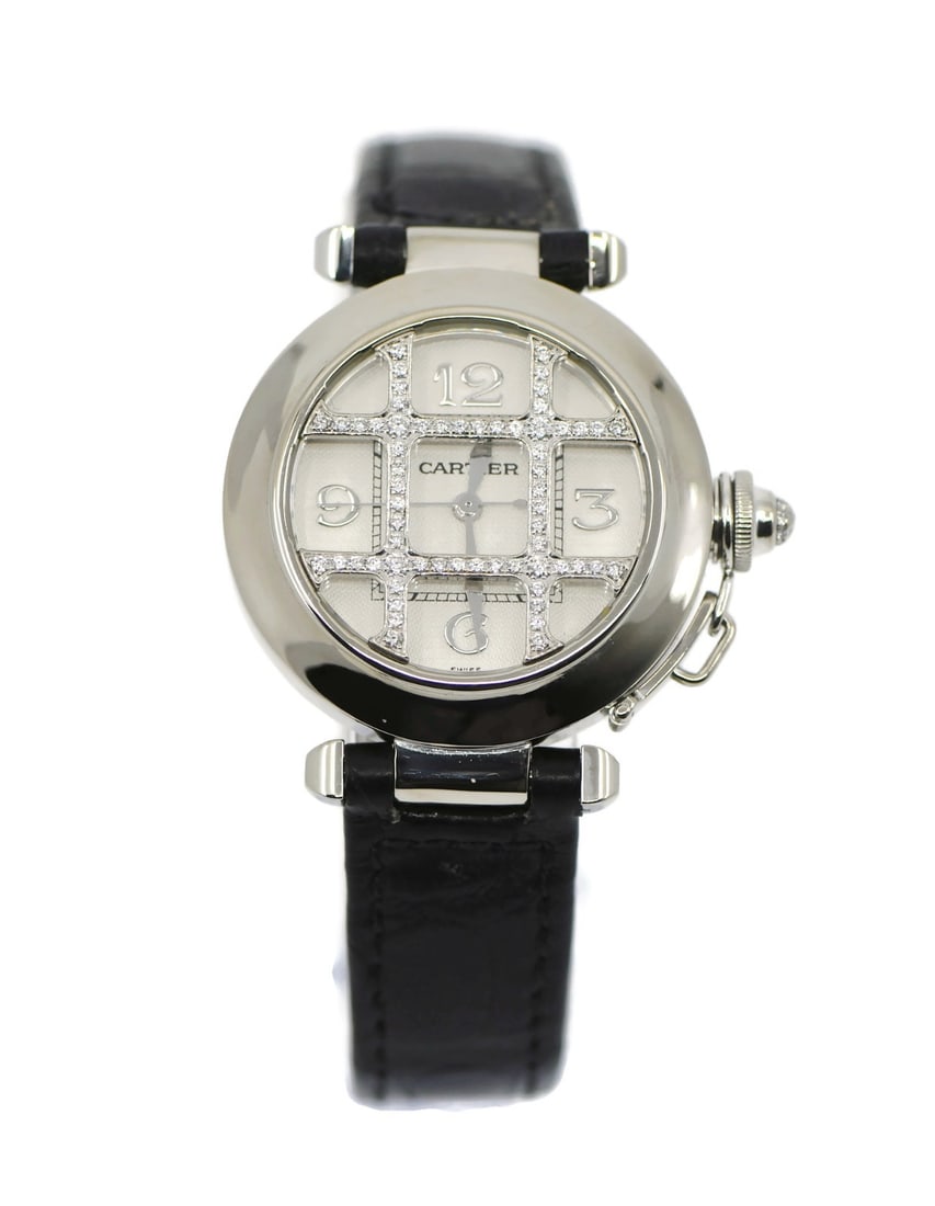 Cartier Pasha Diamond 18K White Gold Wristwatch WJ101456: Cartier Pasha Diamond 18K White Gold Wristwatch WJ101456 Discover the exquisite Cartier Pasha Diamond Watch, a luxurious timepiece crafted from 18K white gold. This elegant wristwatch features a mecha