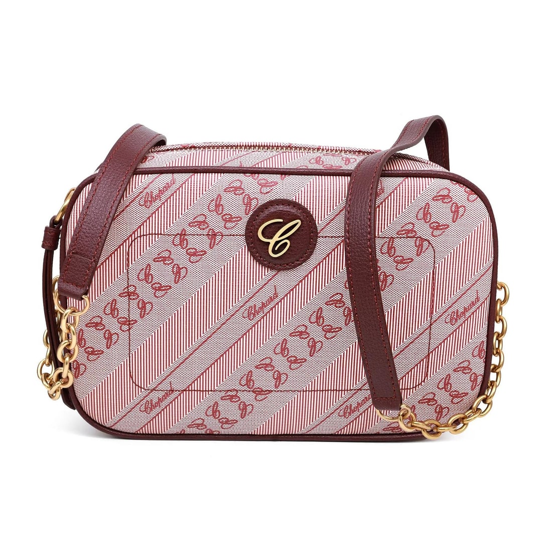 Chopard Happy Sport Mini Red Canvas Camera Bag 95000-1114: Chopard Happy Sport Mini Red Canvas Camera Bag 95000-1114 The Chopard Happy Sport Bordeaux Red Canvas Camera Bag 95000-1114 is a chic and compact handbag designed for stylish functionality. Crafted fr