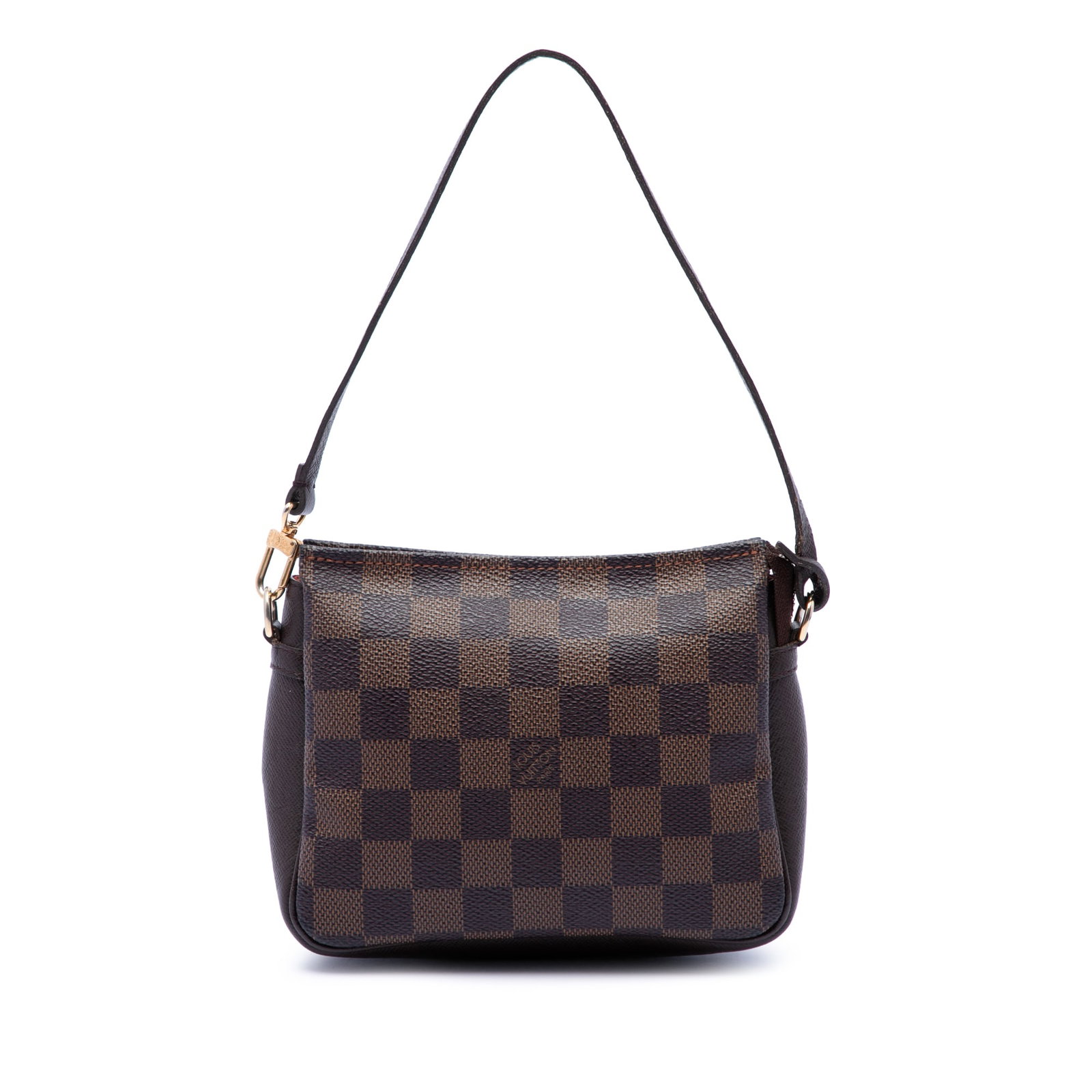 Louis Vuitton Damier Ebene Trousse Pochette Brown Zip Bag: Louis Vuitton Damier Ebene Trousse Pochette Brown Zip Bag Louis Vuitton Damier Ebene Trousse Pochette bag in brown Damier Ebene canvas with a flat leather strap and top zip closure. Made in France, th