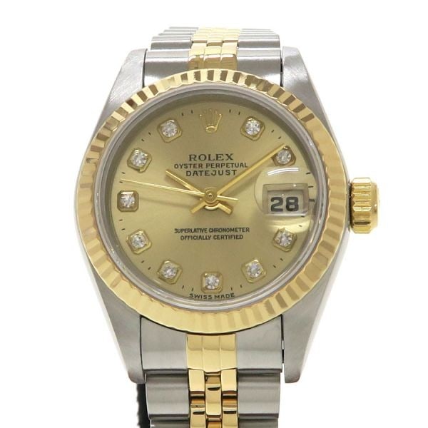 Rolex Datejust 69173G 26mm Ladies Automatic Watch: Rolex Datejust 69173G 26mm Ladies Automatic Watch This ROLEX Datejust 26mm Ref. 69173G women's wristwatch offers classic elegance with a champagne gold dial featuring 10 newly set diamonds and a date 