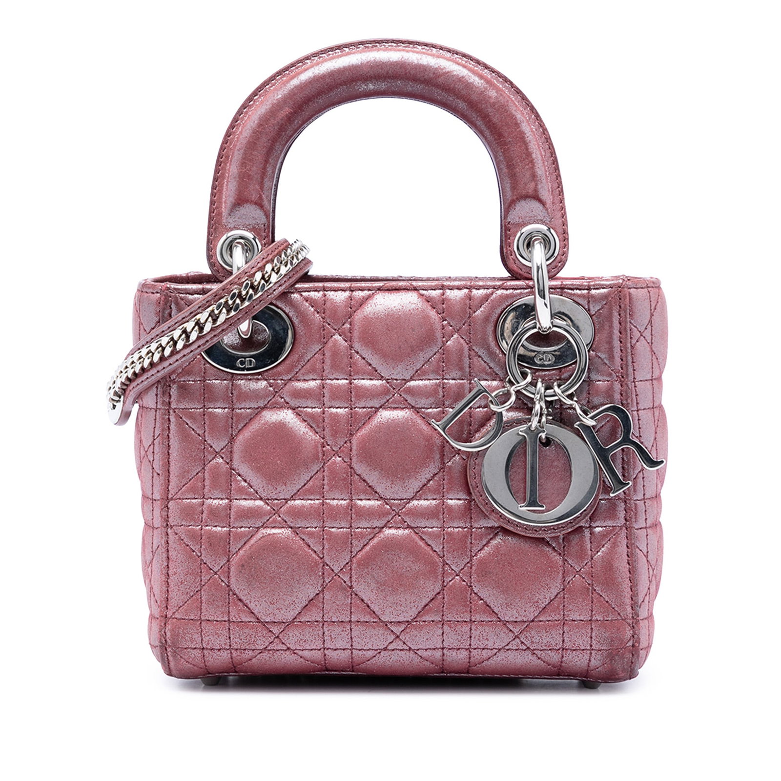 Dior Mini Lady Dior Cannage Iridescent Pink Lambskin Bag: Dior Mini Lady Dior Cannage Iridescent Pink Lambskin Bag Mini Lady Dior bag in iridescent lambskin leather with the signature Cannage quilted body. It features flat leather top handles, a detachable c