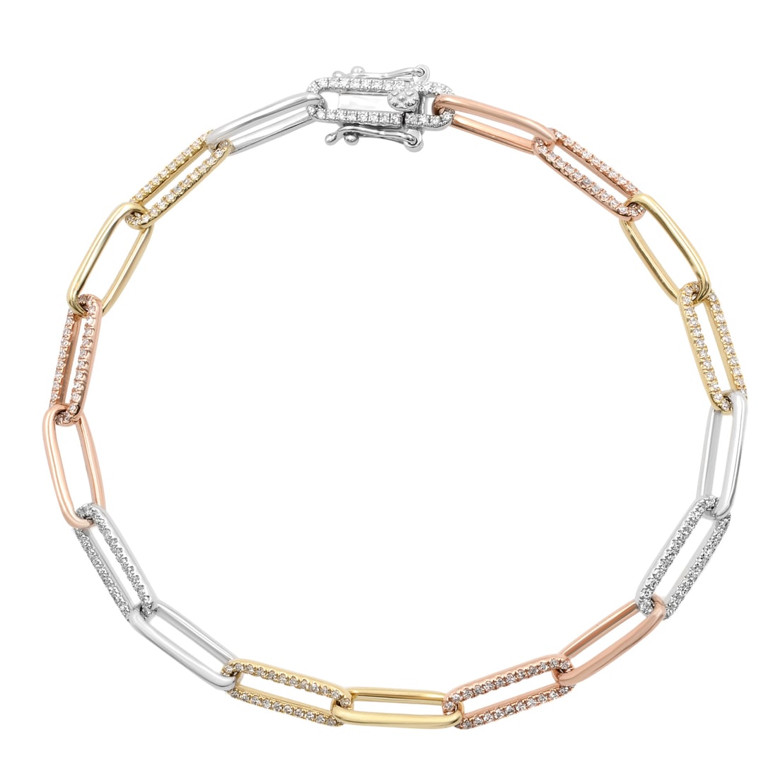 Rachel Koen 14K Gold Diamond Paper Clip Bracelet 0.74ctw Three Tone: Rachel Koen 14K Gold Diamond Paper Clip Bracelet 0.74ctw Three Tone Elevate your accessory collection with this stunning Rachel Koen Diamond Paper Clip Link Bracelet. Crafted in a luxurious combinatio
