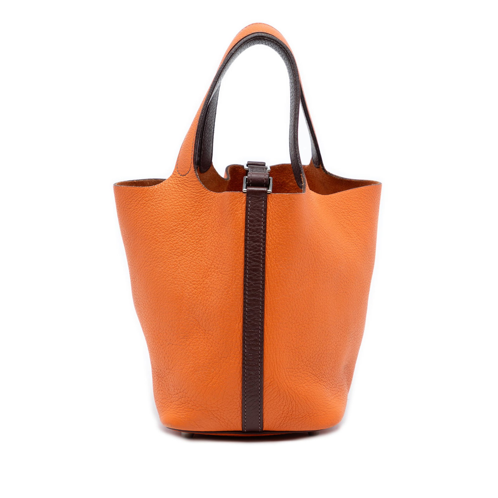Hermes Picotin 18 Bicolor Clemence Leather Orange and Havane Handbag: Hermes Picotin 18 Bicolor Clemence Leather Orange and Havane Handbag The Hermes Bicolor Clemence Picotin 18 is crafted from Clemence leather in orange and Havane colors. This bag features flat leather