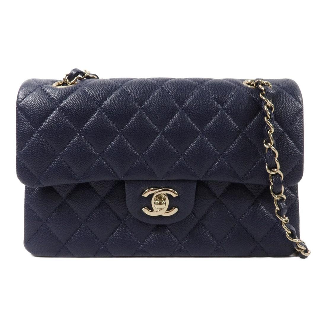 CHANEL A01113 Classic 23 Navy Calfskin Chain Shoulder Bag: CHANEL A01113 Classic 23 Navy Calfskin Chain Shoulder Bag A CHANEL Classic 23 chain shoulder bag in navy calfskin leather with gold-tone hardware. It features a turn-lock closure, one open outside poc