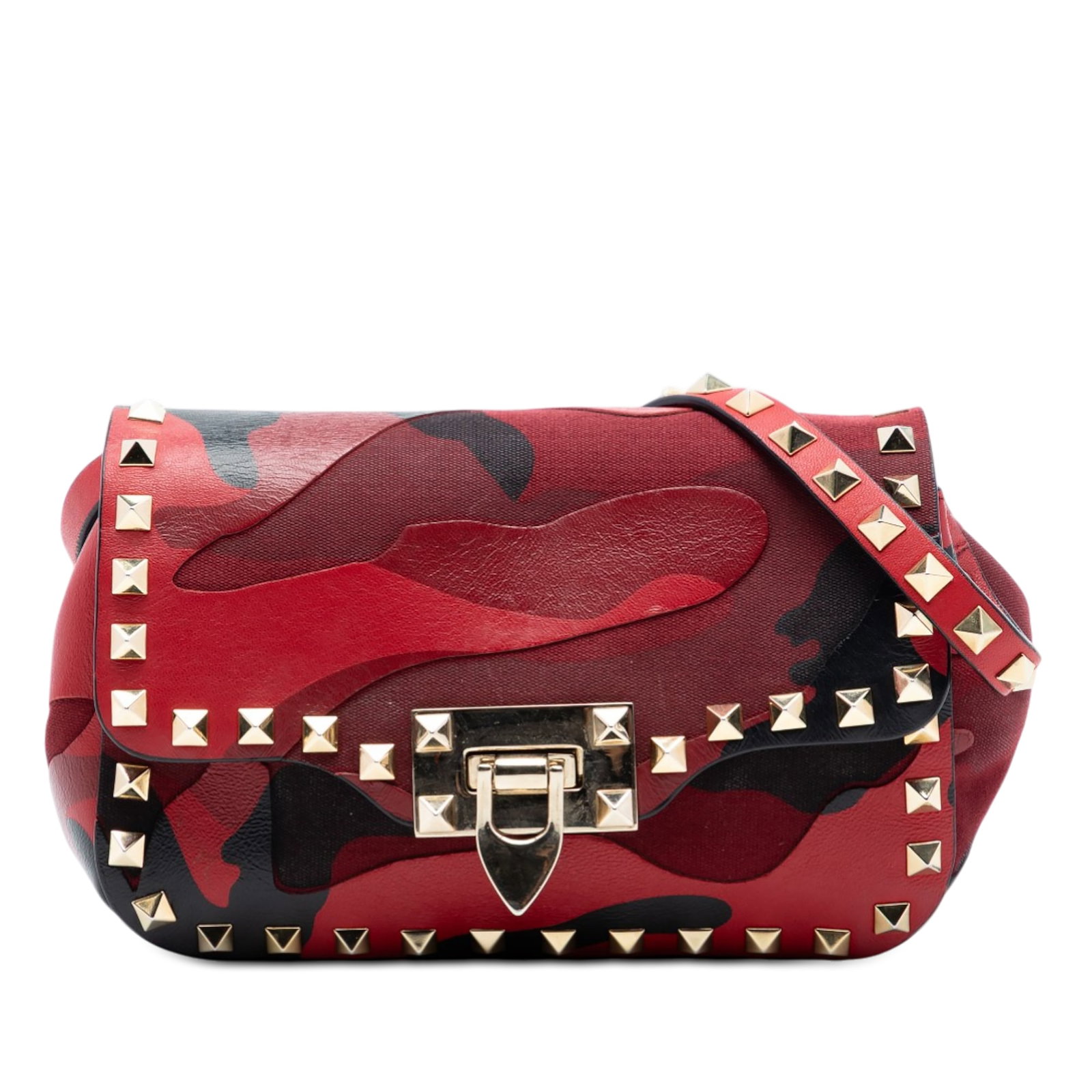 Valentino Rockstud Mini Camouflage Leather and Canvas Flap Crossbody Bag: Valentino Rockstud Mini Camouflage Leather and Canvas Flap Crossbody Bag This Valentino Mini Nappa and Canvas Camouflage Rockstud Flap Crossbody features a printed nappa leather and canvas body with d