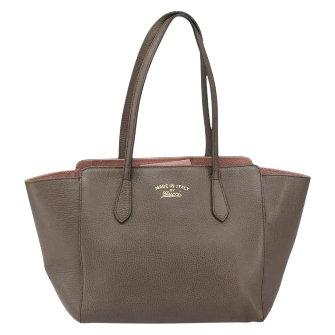 Gray Leather Swing Tote Bag by Gucci Italy: Gray Leather Swing Tote Bag by Gucci Italy This Gucci Swing Tote is crafted from gray leather and designed for women. Featuring a spacious interior, the bag displays signs of use including surface