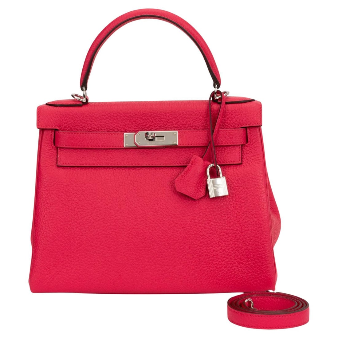 Hermes Kelly 28 Rose Mexico Clemence Bag with Palladium Hardware: Hermes Kelly 28 Rose Mexico Clemence Bag with Palladium Hardware Introducing the Hermes Kelly 28, an exquisite handbag crafted from luxurious Rose Mexico taurillon clemence leather. This stunning