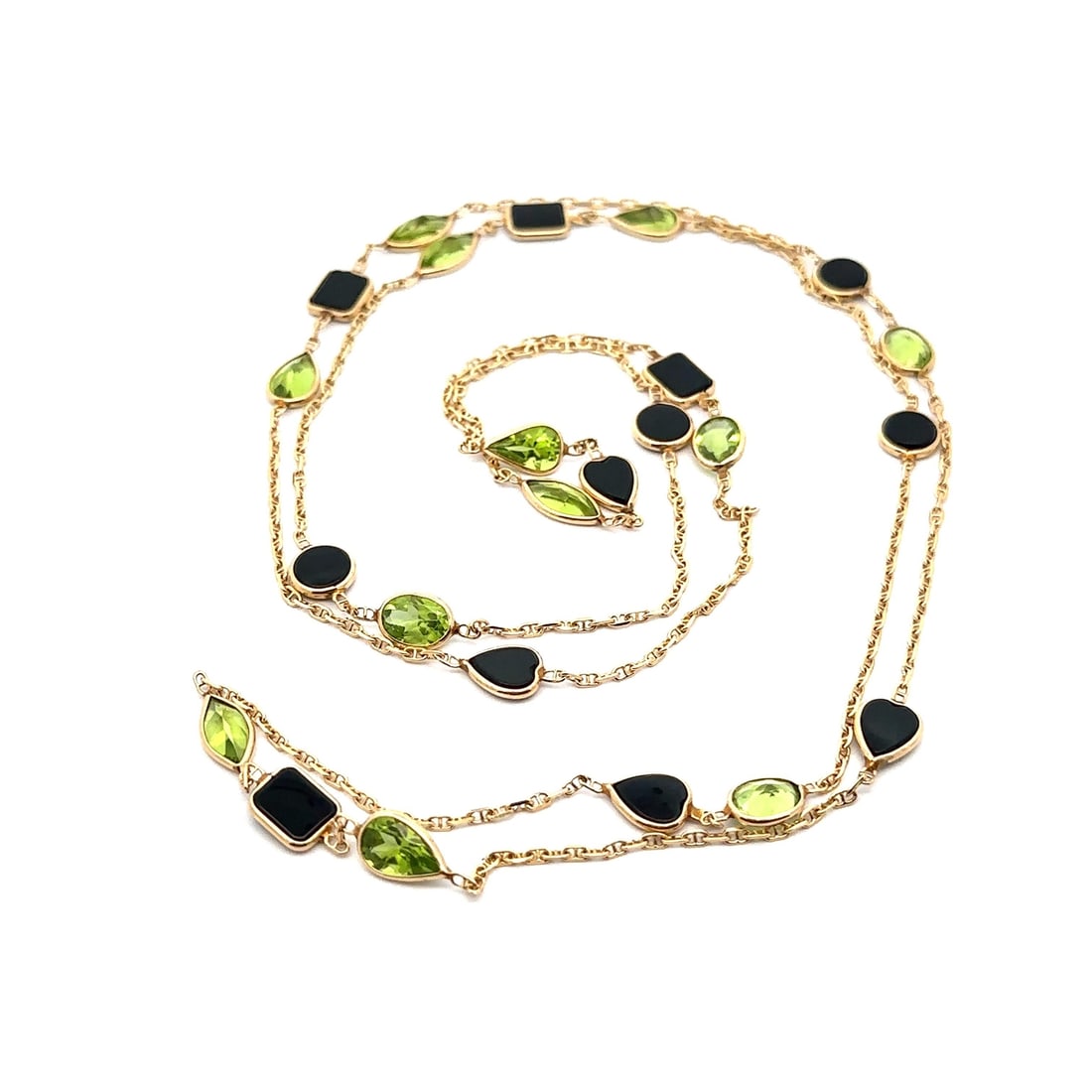 14K Yellow Gold By The Yard Necklace with Black Onyx and Peridot 36 Inches: 14K Yellow Gold By The Yard Necklace with Black Onyx and Peridot 36 Inches This stunning 36-inch chain necklace features a unique design with natural gemstones, making it a perfect accessory for any