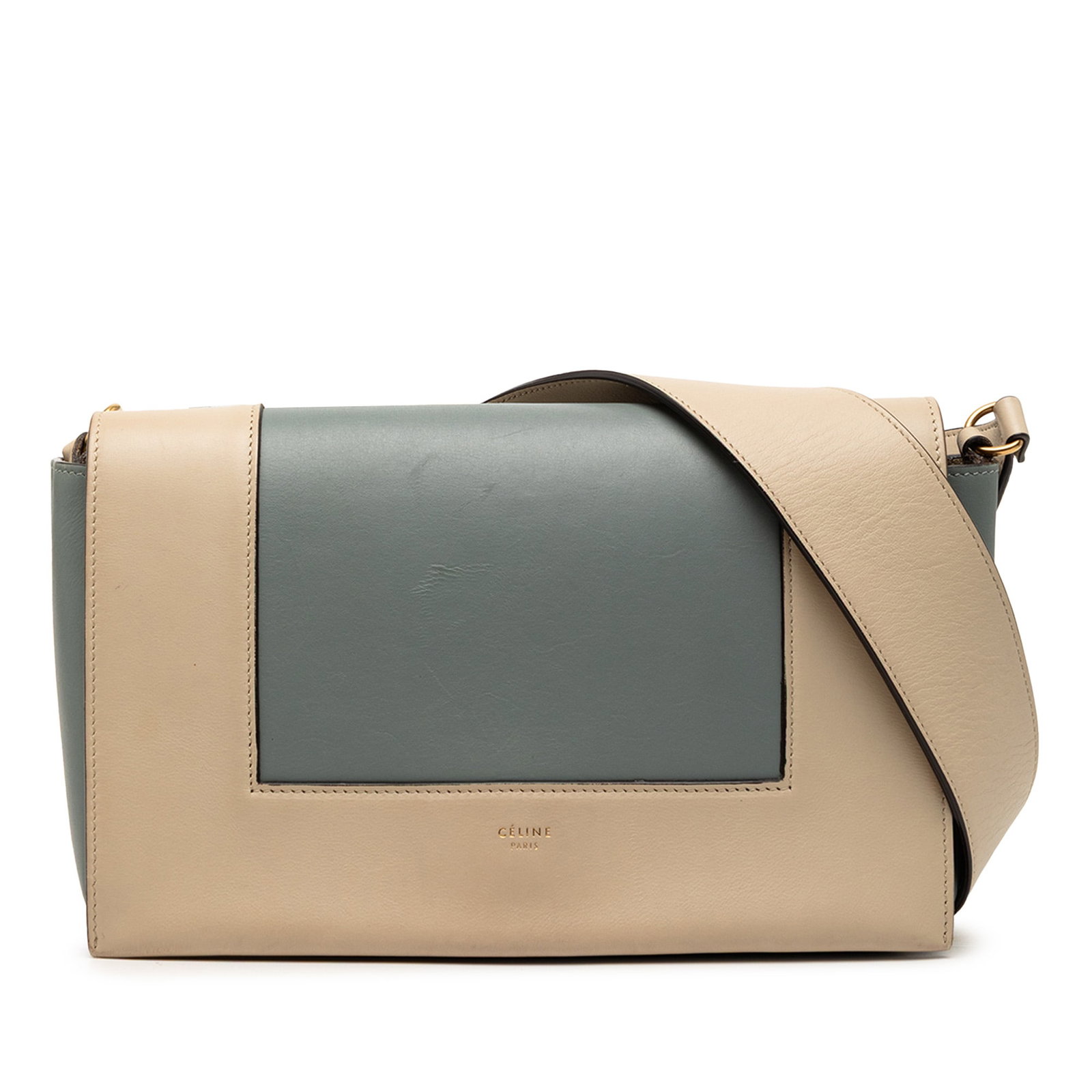 Celine Frame Blue Leather Shoulder Bag with Flap Closure: Celine Frame Blue Leather Shoulder Bag with Flap Closure This Celine Leather Frame Shoulder Bag features a blue leather body with a flat leather shoulder strap, a front flap closure, and interior zip 