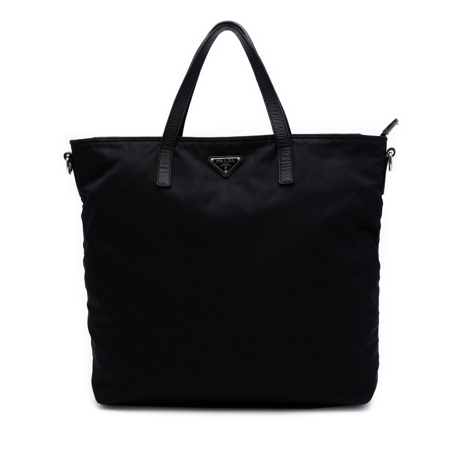 Prada black nylon satchel with leather handles: Prada black nylon satchel with leather handles This Prada Tessuto Satchel features a black nylon body complemented by flat leather handles and a top zip closure. The interior offers a slip pocket for 