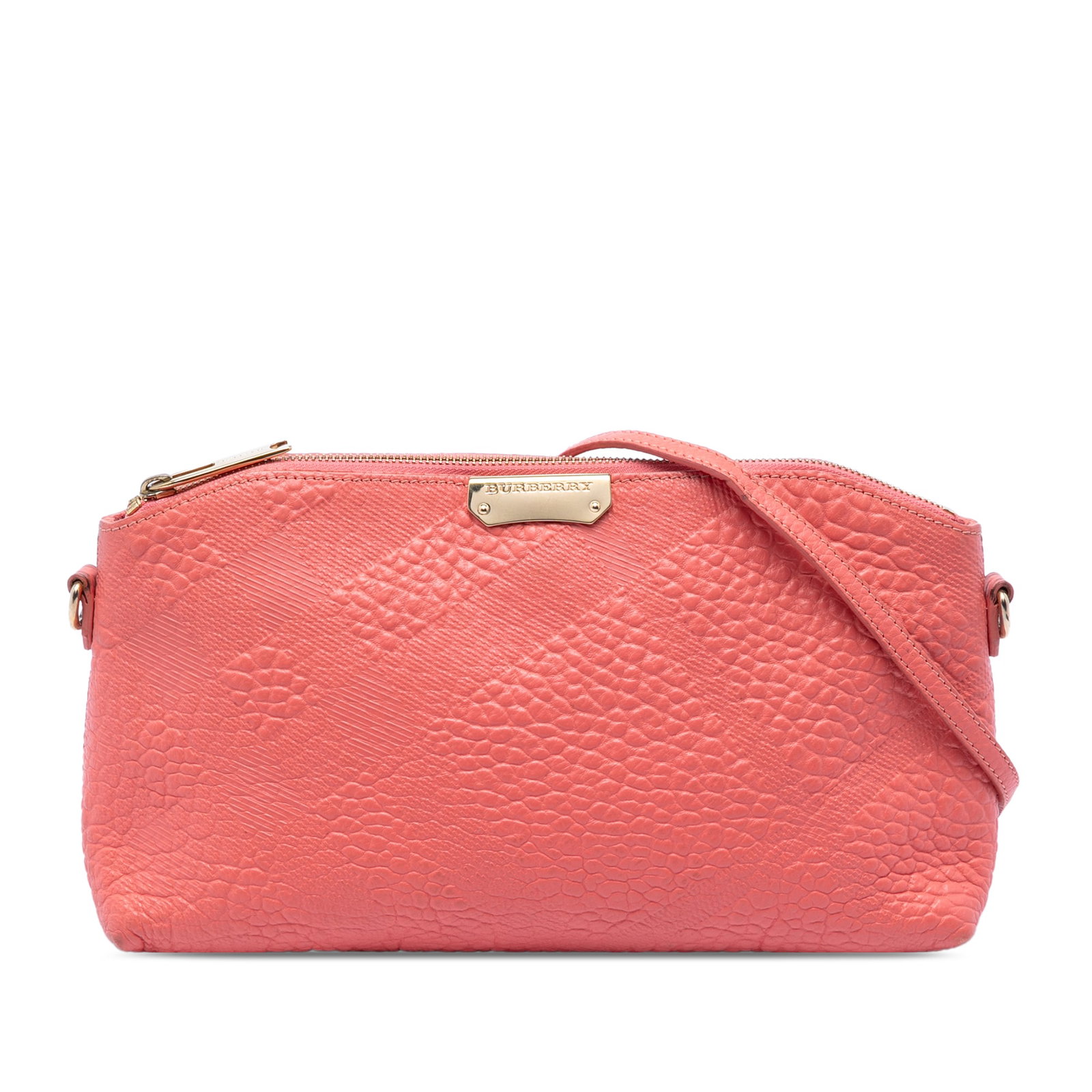 Burberry Chichester Pink Embossed Leather Crossbody Bag: Burberry Chichester Pink Embossed Leather Crossbody Bag This Burberry Chichester crossbody bag features a pink embossed leather body with the brand's signature grain check pattern. It is designed with