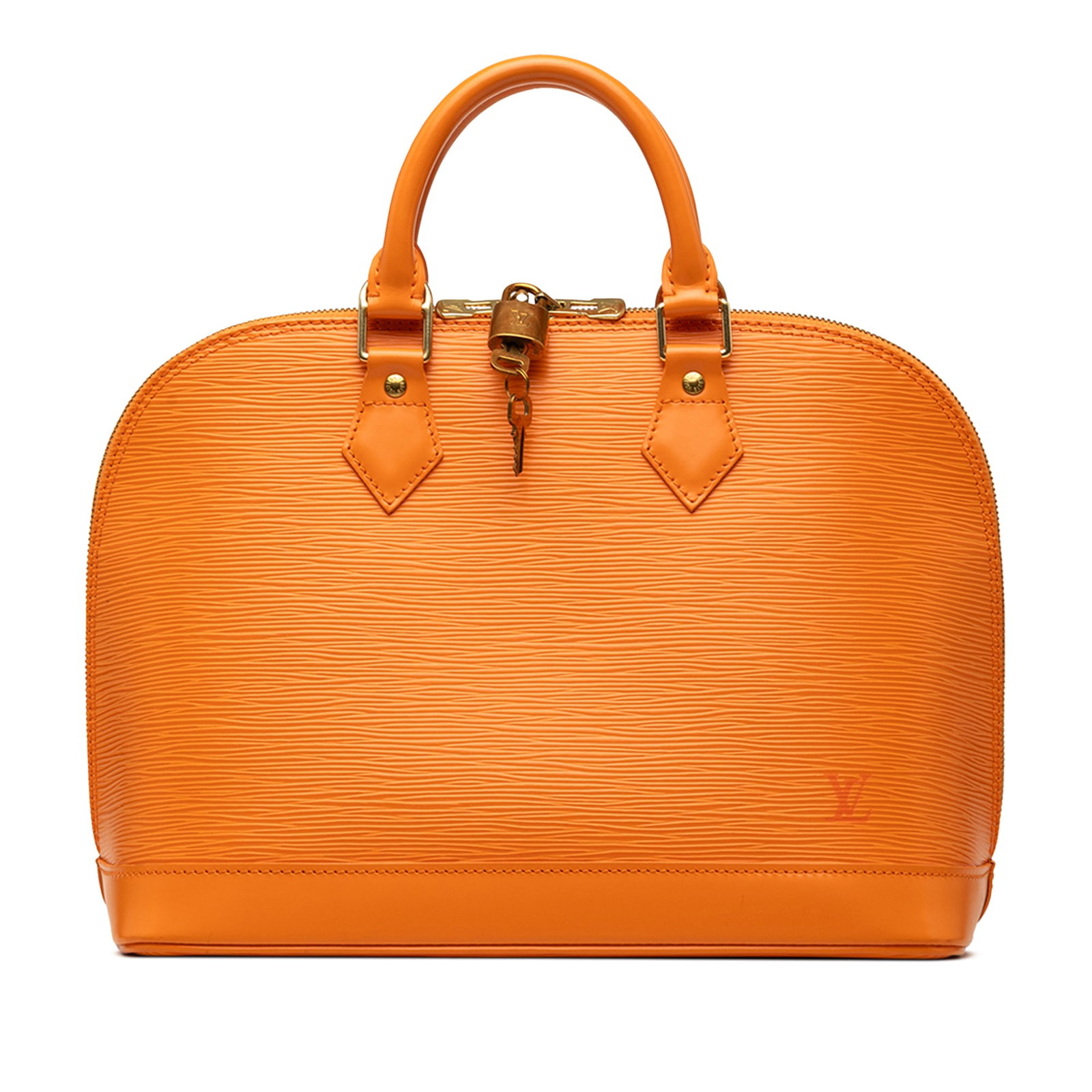Louis Vuitton Alma PM Epi Leather Handbag Orange: Louis Vuitton Alma PM Epi Leather Handbag Orange Louis Vuitton Epi Alma PM handbag in orange epi leather with rolled handles, a zip-around top closure, and an interior slip pocket. Made in France. Con