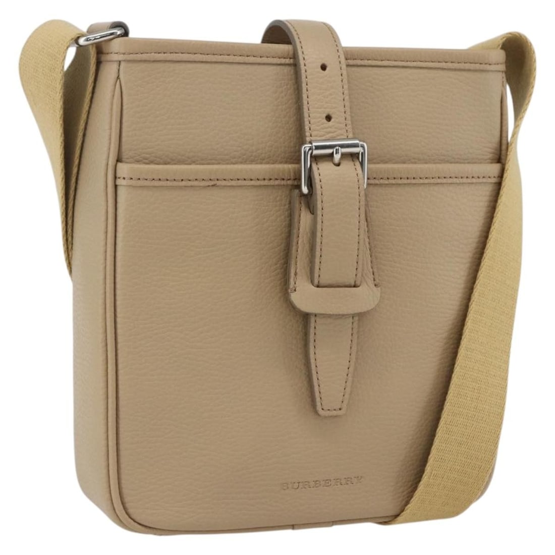 Beige Leather Burberry Shoulder Bag with Silver Accents: Beige Leather Burberry Shoulder Bag with Silver Accents This Burberry shoulder bag features a beige and silver leather exterior with a sleek and structured design. The adjustable shoulder strap offers