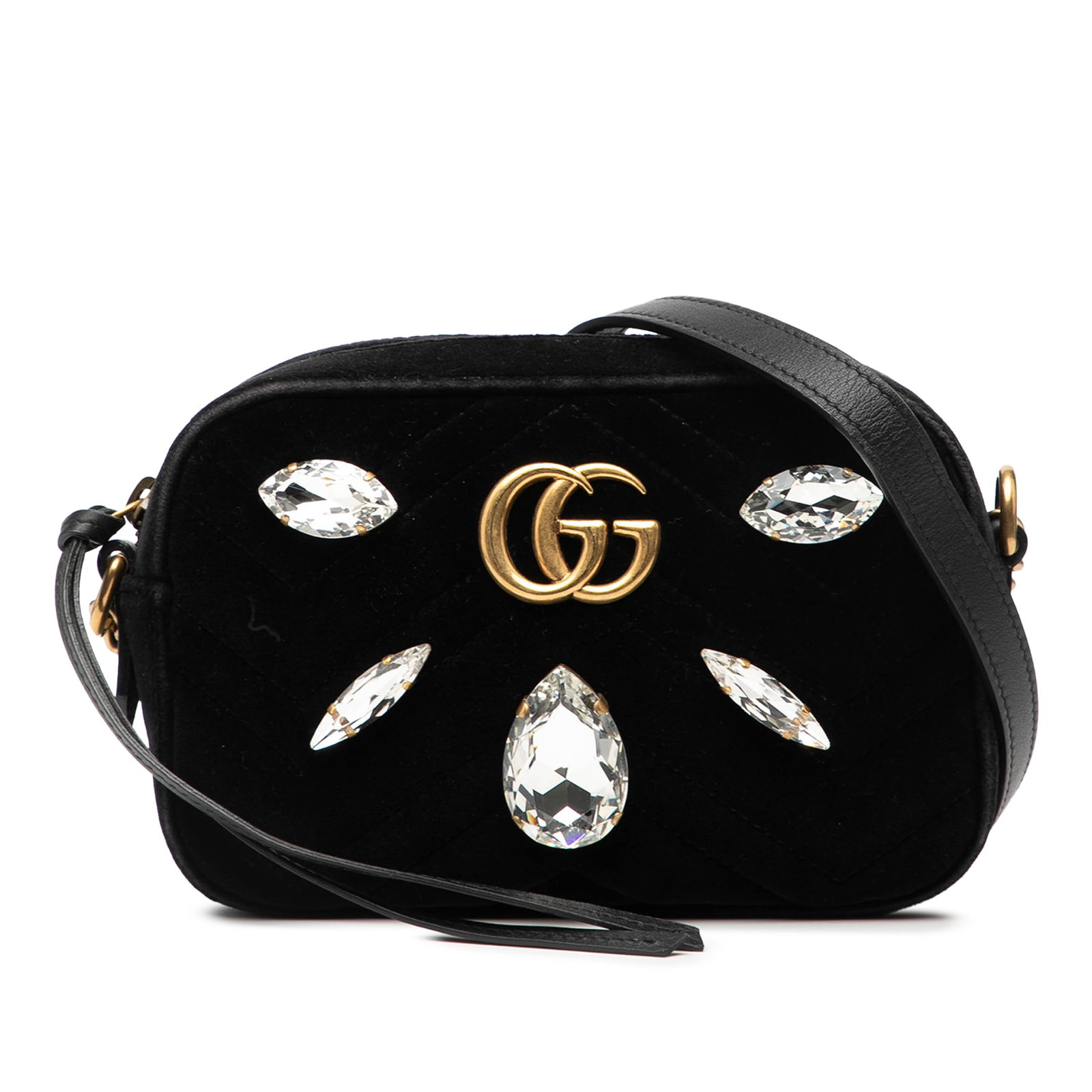 Gucci GG Marmont Mini Velvet Crossbody Bag with Crystal Embellishments: Gucci GG Marmont Mini Velvet Crossbody Bag with Crystal Embellishments This Gucci Mini GG Marmont crossbody bag features a black velvet body adorned with crystal embellishments and matelasse quilting.