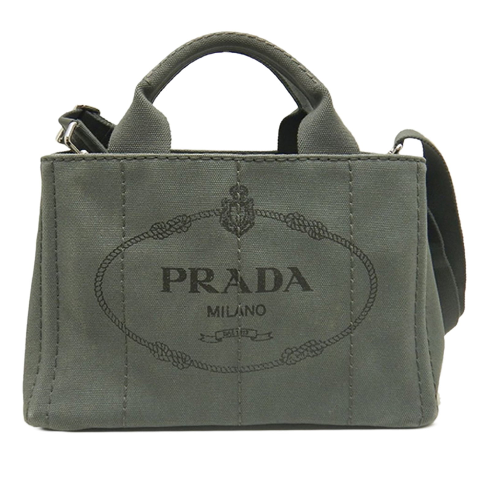 Prada Canapa Small Gray Canvas Satchel Tote: Prada Canapa Small Gray Canvas Satchel Tote Prada Small Canvas Canapa Logo Tote in gray fabric, made in Italy. This bag features a canvas body, rolled handles, a detachable flat shoulder strap, an ope