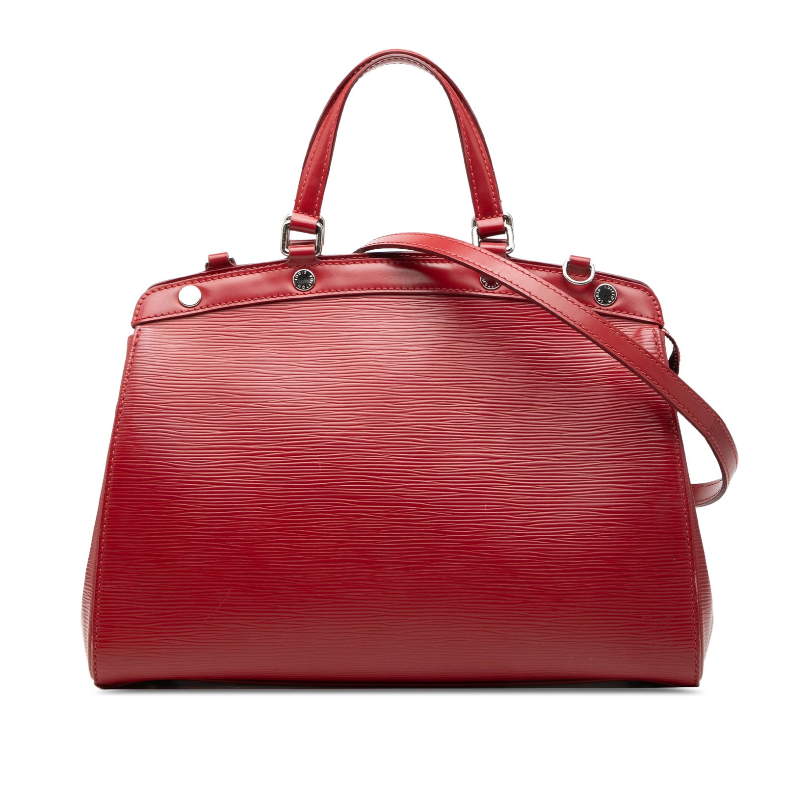 Red Epi Leather Brea MM Satchel with Shoulder Strap by Louis Vuitton: Red Epi Leather Brea MM Satchel with Shoulder Strap by Louis Vuitton The Louis Vuitton Epi Brea MM is crafted from epi leather in red and features flat leather handles and a detachable shoulder strap.