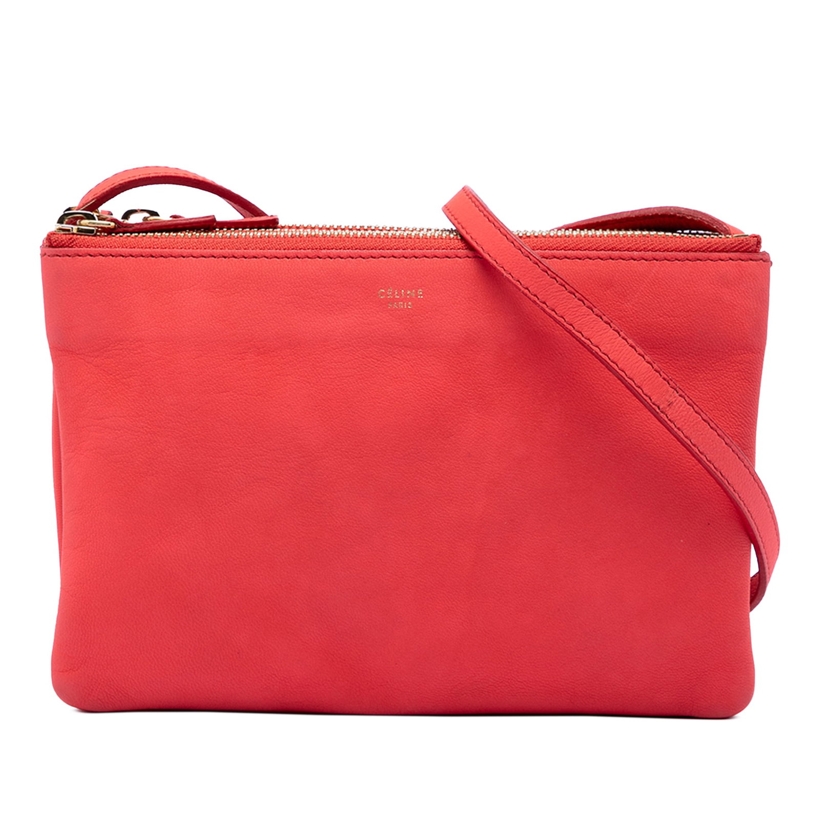 Celine Trio Pink Leather Crossbody Bag Small: Celine Trio Pink Leather Crossbody Bag Small This Celine Small Lambskin Trio Crossbody bag features a sleek leather body in pink, complemented by an adjustable flat leather strap. It offers three sepa