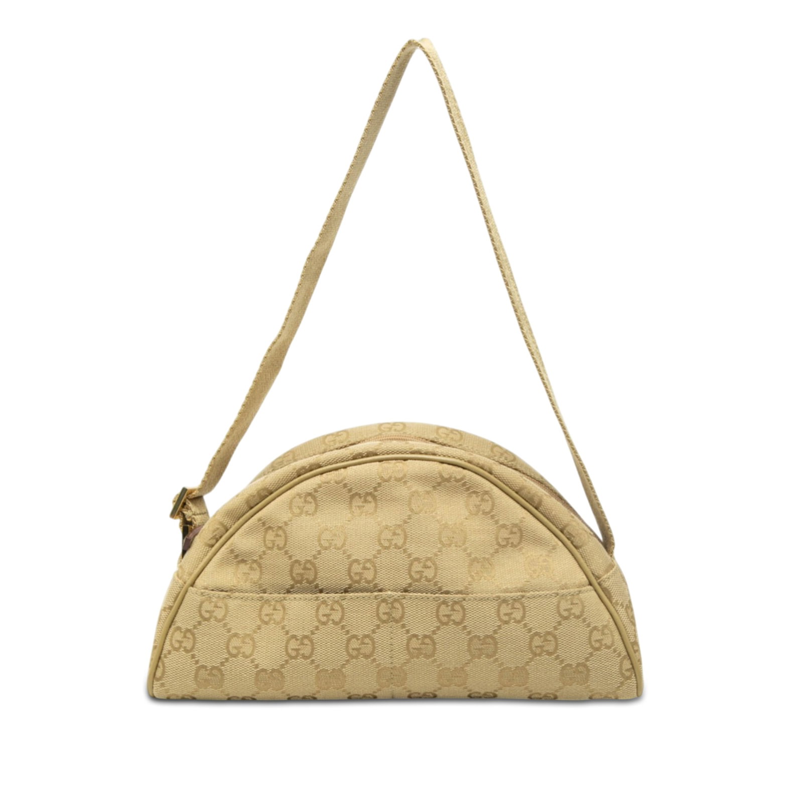 Gucci beige canvas shoulder bag with leather trim: Gucci beige canvas shoulder bag with leather trim This Gucci GG Canvas Shoulder Bag features a beige canvas body with leather trim, an adjustable flat strap, a top zip closure, and exterior slip pocke