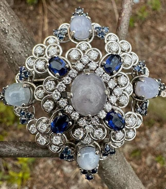 Jack Gutschneider 14k White Gold Sapphire Diamond Brooch Pendant: Jack Gutschneider 14k White Gold Sapphire Diamond Brooch Pendant This vintage pendant brooch by Jack Gutschneider is crafted from solid 12k to 14k white gold and features an impressive array of gemsto