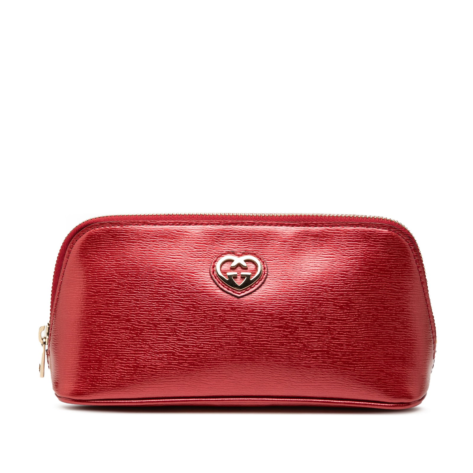 Red Leather Cosmetic Pouch Gucci Lovely: Red Leather Cosmetic Pouch Gucci Lovely Gucci Metallic Calfskin Lovely Cosmetic Pouch in red, featuring a leather body and a top zip closure. Made in Italy and classified as an SLG, this pouch has an 