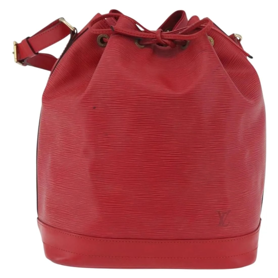 Louis Vuitton Noe red leather shoulder bag: Louis Vuitton Noe red leather shoulder bag This Louis Vuitton Noe shoulder bag is crafted from red leather and is designed for women. It features a spacious interior and an adjustable shoulder strap. 