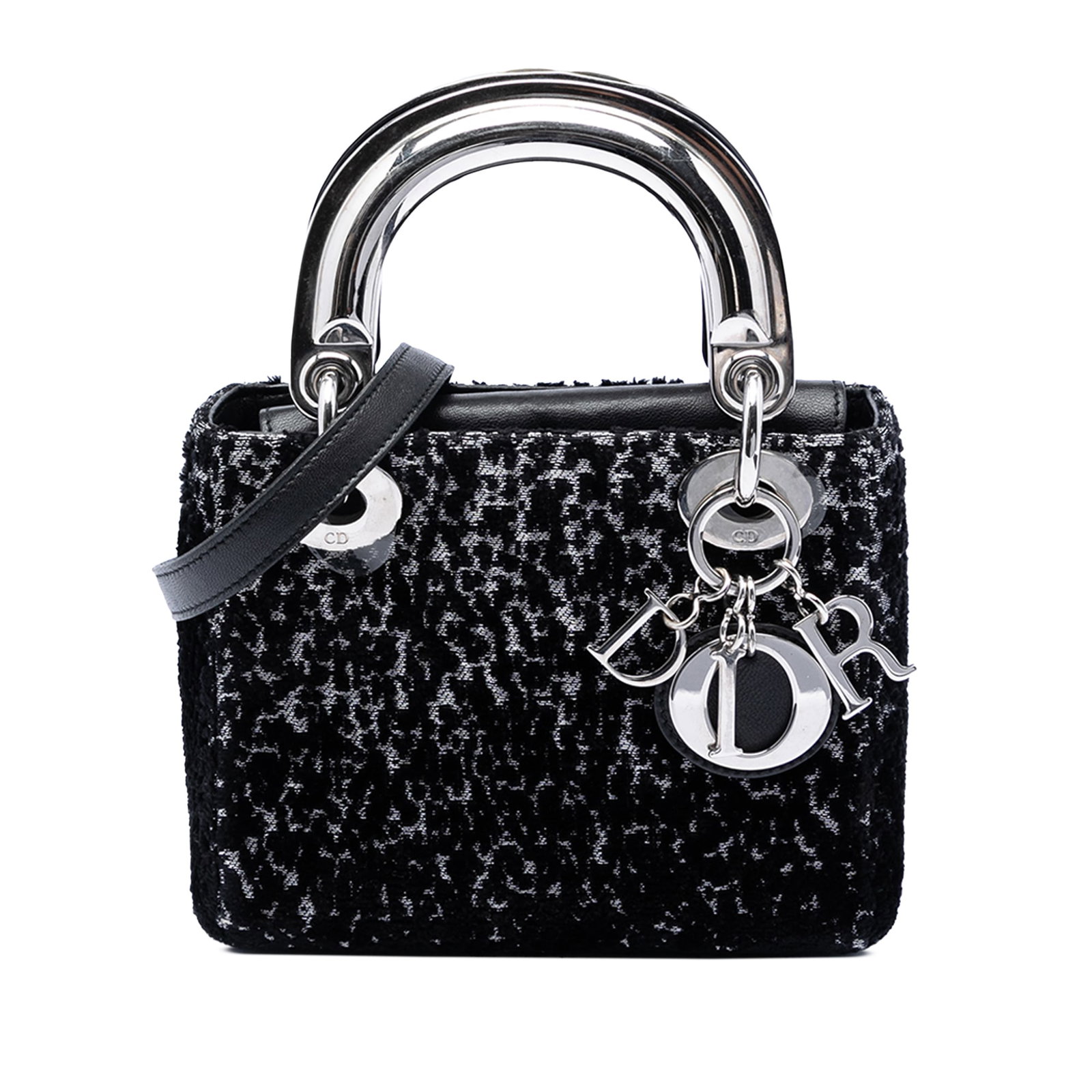 Dior Mini Fabric Lame Lady Bag Black Italy: Dior Mini Fabric Lame Lady Bag Black Italy This Mini Fabric Lame Lady Dior bag features a synthetic fiber body in black, complemented by flat top handles and a detachable flat leather strap. It is des