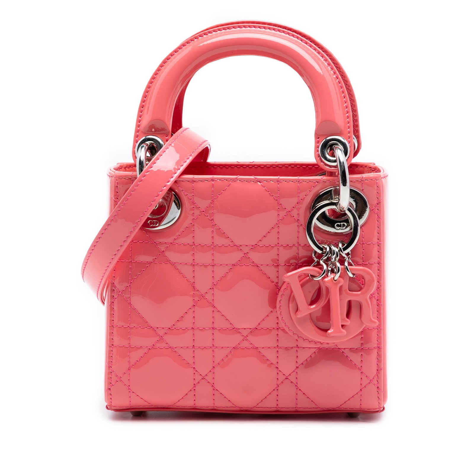 Pink Patent Leather Micro Lady Dior Cannage Bag with Strap: Pink Patent Leather Micro Lady Dior Cannage Bag with Strap This Lady Dior Micro Patent Cannage bag features a quilted patent leather exterior in pink, flat top handles, a detachable and adjustable fla