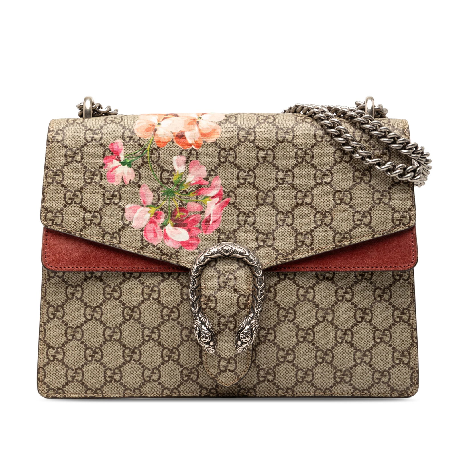 Gucci Dionysus Blooms coated canvas shoulder bag: Gucci Dionysus Blooms coated canvas shoulder bag This Gucci Medium GG Supreme Blooms Dionysus Shoulder Bag showcases a printed coated canvas body with suede leather trim. It is designed with chain lin