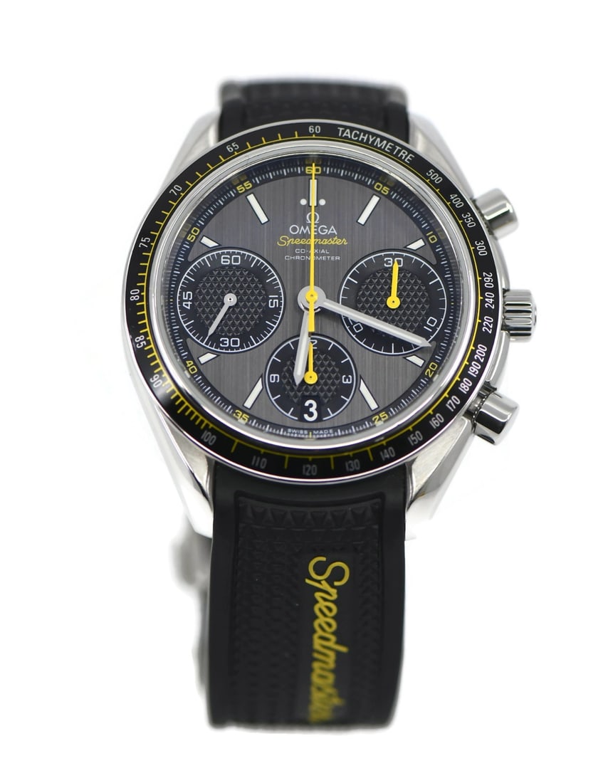 Omega Speedmaster Racing 326.32.40.50.06.001 stainless steel wristwatch: Omega Speedmaster Racing 326.32.40.50.06.001 stainless steel wristwatch Omega Speedmaster Racing stainless steel wristwatch for men with a 40 mm stainless steel case, gray dial, black rubber band, and