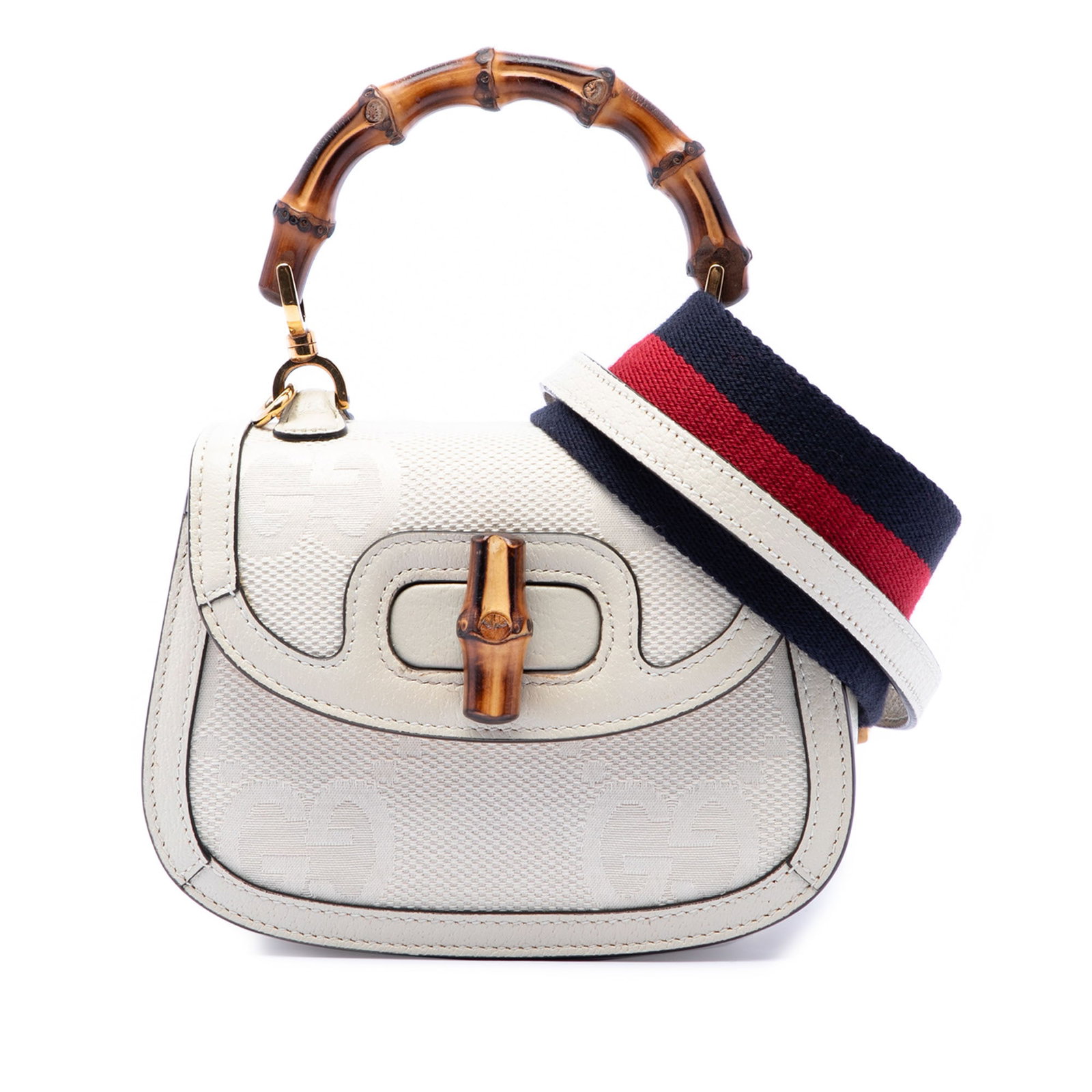 Gucci bamboo top handle satchel GG canvas 1947 Web: Gucci bamboo top handle satchel GG canvas 1947 Web This Gucci Mini Jumbo GG Canvas 1947 Web Bamboo Top Handle Bag features a canvas body with leather trim, a distinctive bamboo top handle, and a detac