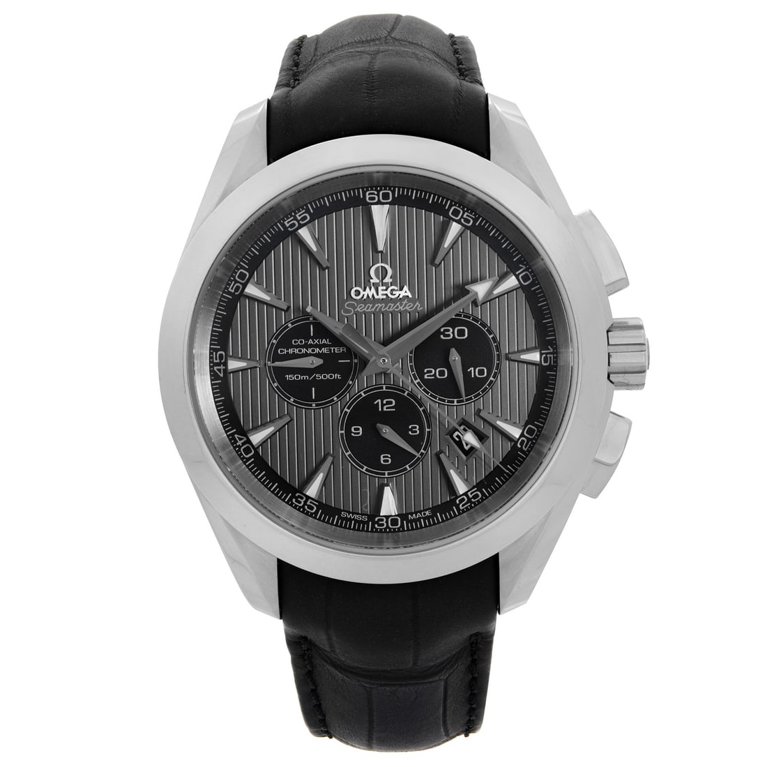 Omega 231.13.44.50.06.001 Seamaster Aqua Terra steel chronograph watch: Omega 231.13.44.50.06.001 Seamaster Aqua Terra steel chronograph watch Omega Seamaster Aqua Terra chronograph wristwatch with a stainless steel case, textured black dial, and black leather two-piece s