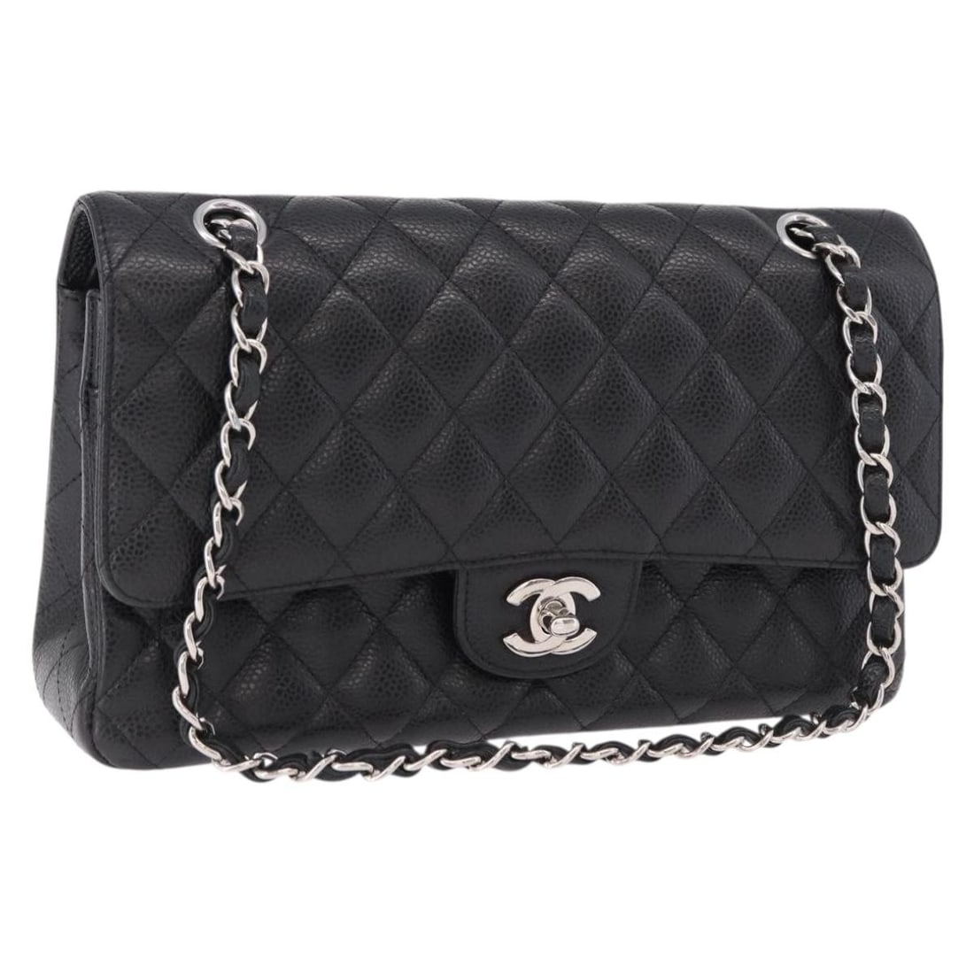 CHANEL Matelasse 25 Shoulder Bag Black Caviar Skin Silver CC: CHANEL Matelasse 25 Shoulder Bag Black Caviar Skin Silver CC This CHANEL Chain Matelasse 25 shoulder bag is crafted in black caviar skin with silver-tone exterior details. It measures approximately 25