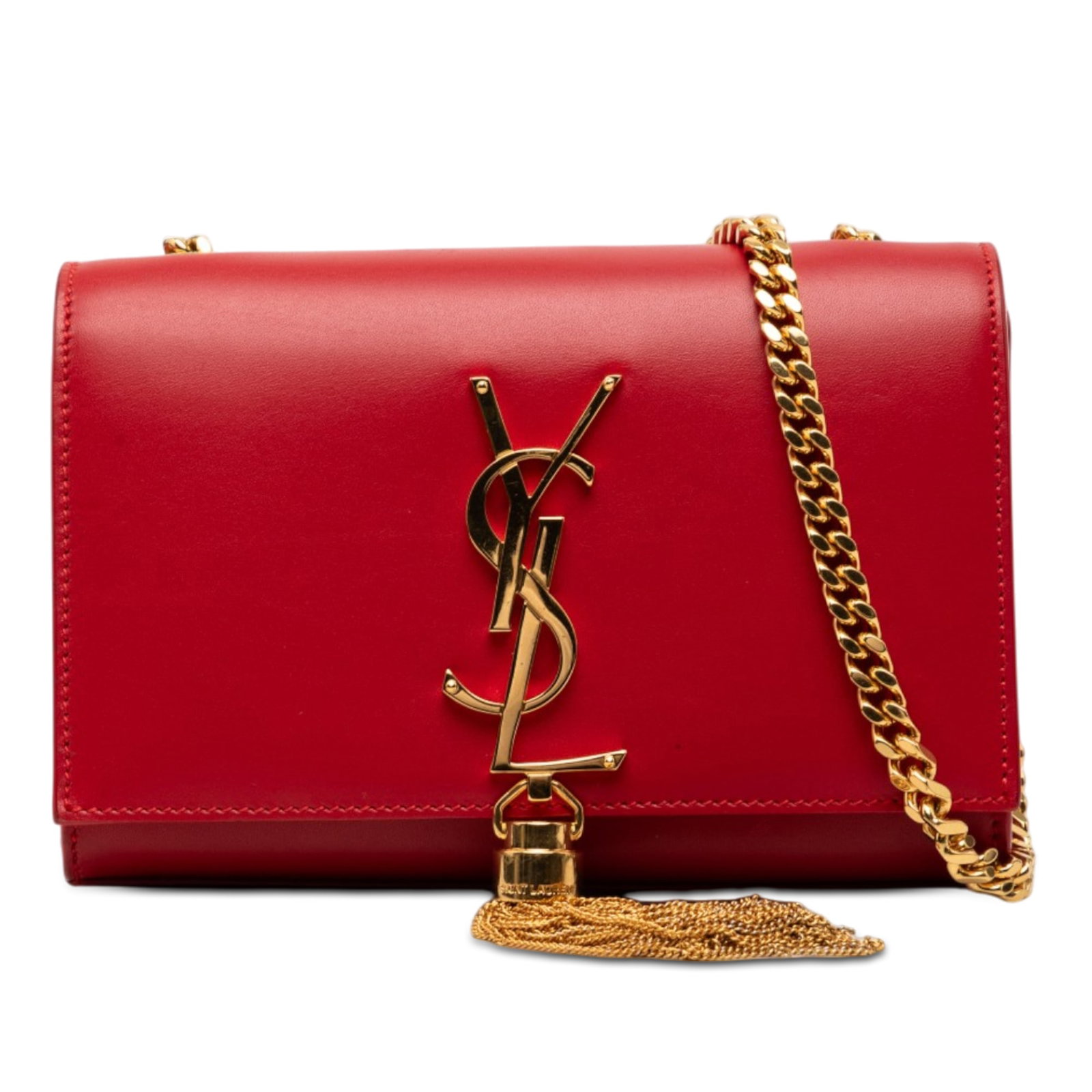 Saint Laurent Kate Tassel Crossbody Bag in Red Calfskin: Saint Laurent Kate Tassel Crossbody Bag in Red Calfskin Saint Laurent Small Smooth Calfskin Monogram Kate Tassel Crossbody bag in red leather, made in Italy. It features a leather body with a tassel, 