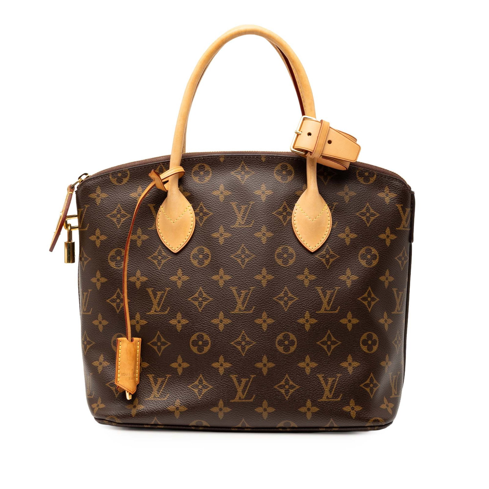 Louis Vuitton Lockit PM Brown Monogram Canvas Handbag with Leather Handles: Louis Vuitton Lockit PM Brown Monogram Canvas Handbag with Leather Handles This Louis Vuitton Monogram Lockit PM features a monogram canvas exterior with rolled vachetta leather handles, a top zip clo