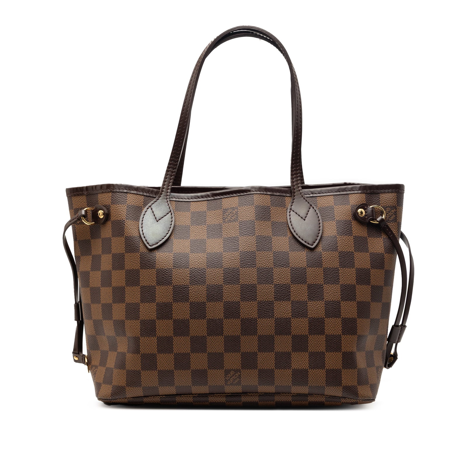 Louis Vuitton Neverfull PM Damier Ebene Brown Bag: Louis Vuitton Neverfull PM Damier Ebene Brown Bag This Louis Vuitton Damier Ebene Neverfull PM features the iconic damier canvas body with leather trim and flat leather straps. It is designed with a t