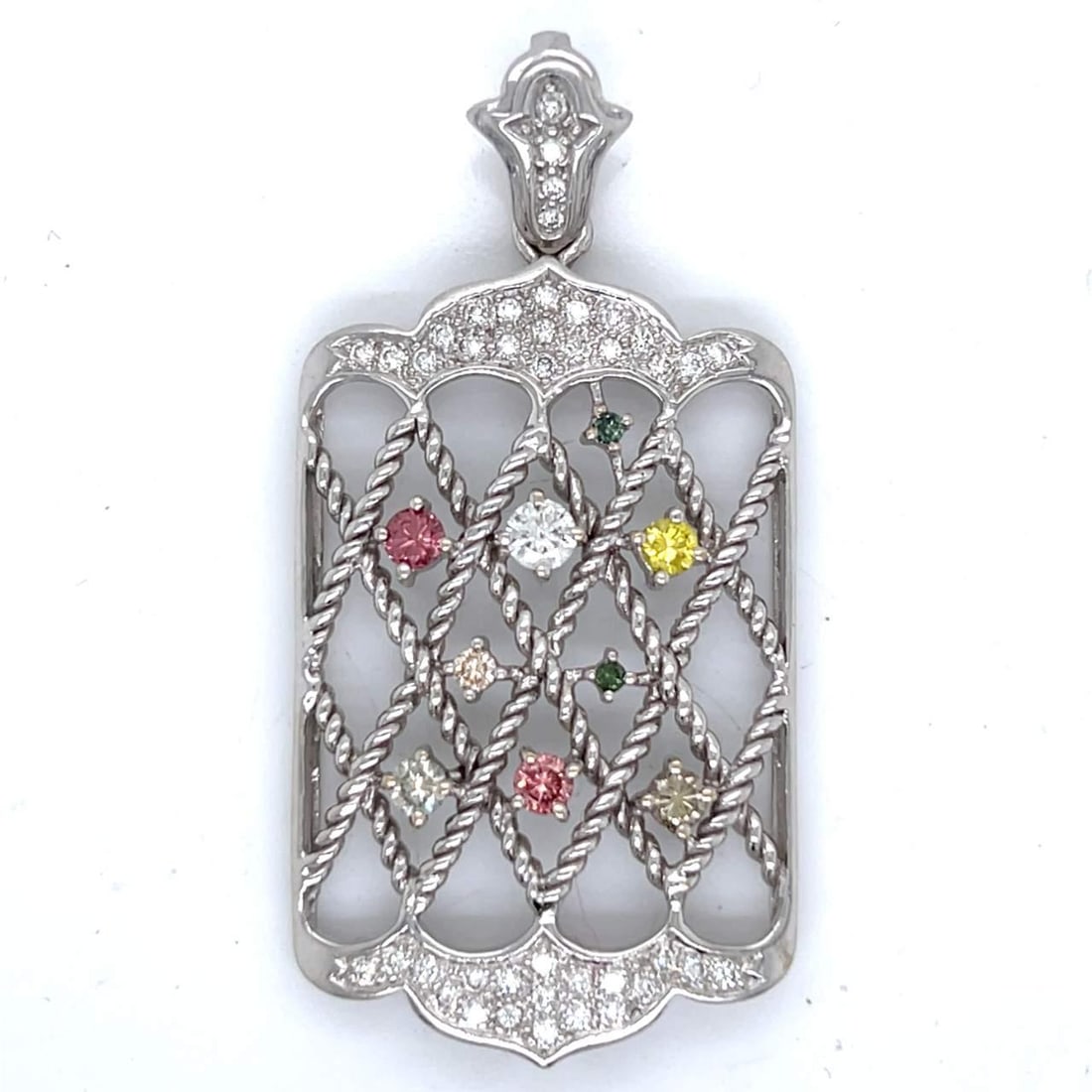 18K White Gold Pendant with 9 Color Diamonds and 42 Sparkling Stones: 18K White Gold Pendant with 9 Color Diamonds and 42 Sparkling Stones This stunning pendant features a captivating design crafted from 18K white gold, weighing 17.7 grams. It is adorned with 9 exquisit