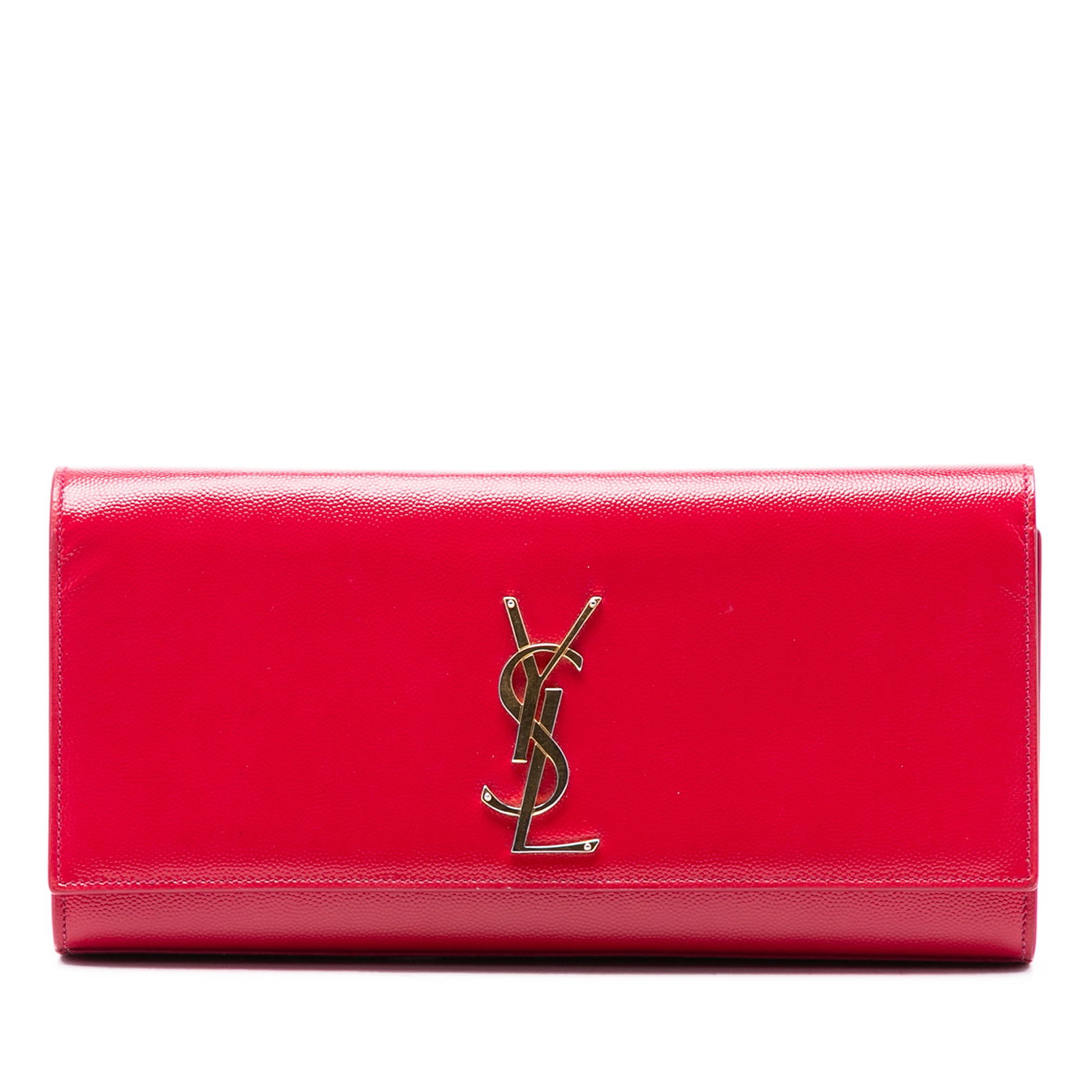 Pink Leather Cassandre Monogram Clutch by Saint Laurent: Pink Leather Cassandre Monogram Clutch by Saint Laurent This Saint Laurent Grain de Poudre Monogram Cassandre Clutch features a pink leather body with a front flap and magnetic closure. The interior i