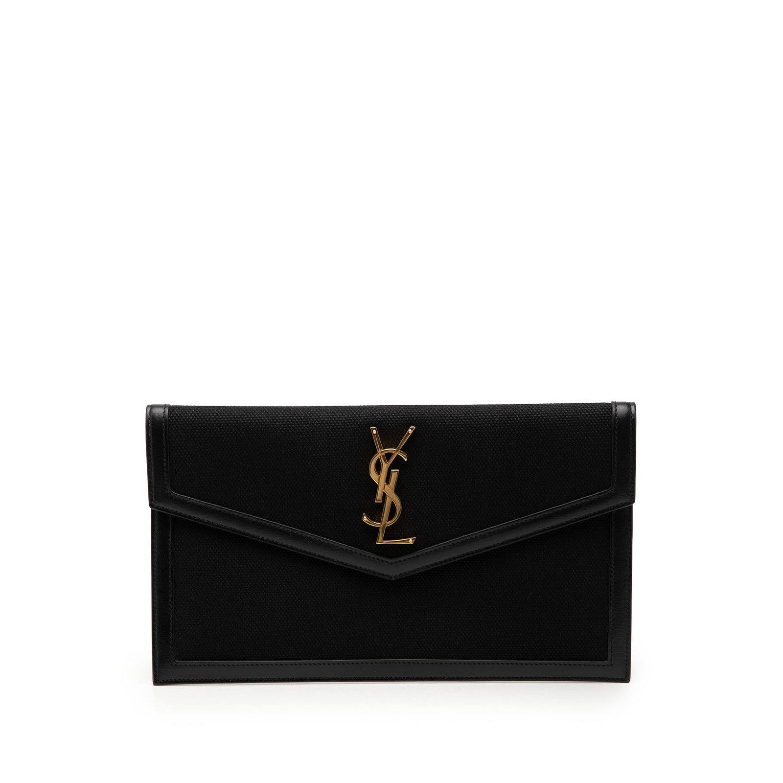 Saint Laurent Uptown Pouch Black Canvas Clutch with Leather Trim: Saint Laurent Uptown Pouch Black Canvas Clutch with Leather Trim Saint Laurent Uptown Pouch made with a canvas body and leather trim, featuring a top flap with magnetic closure. It is a black bag from