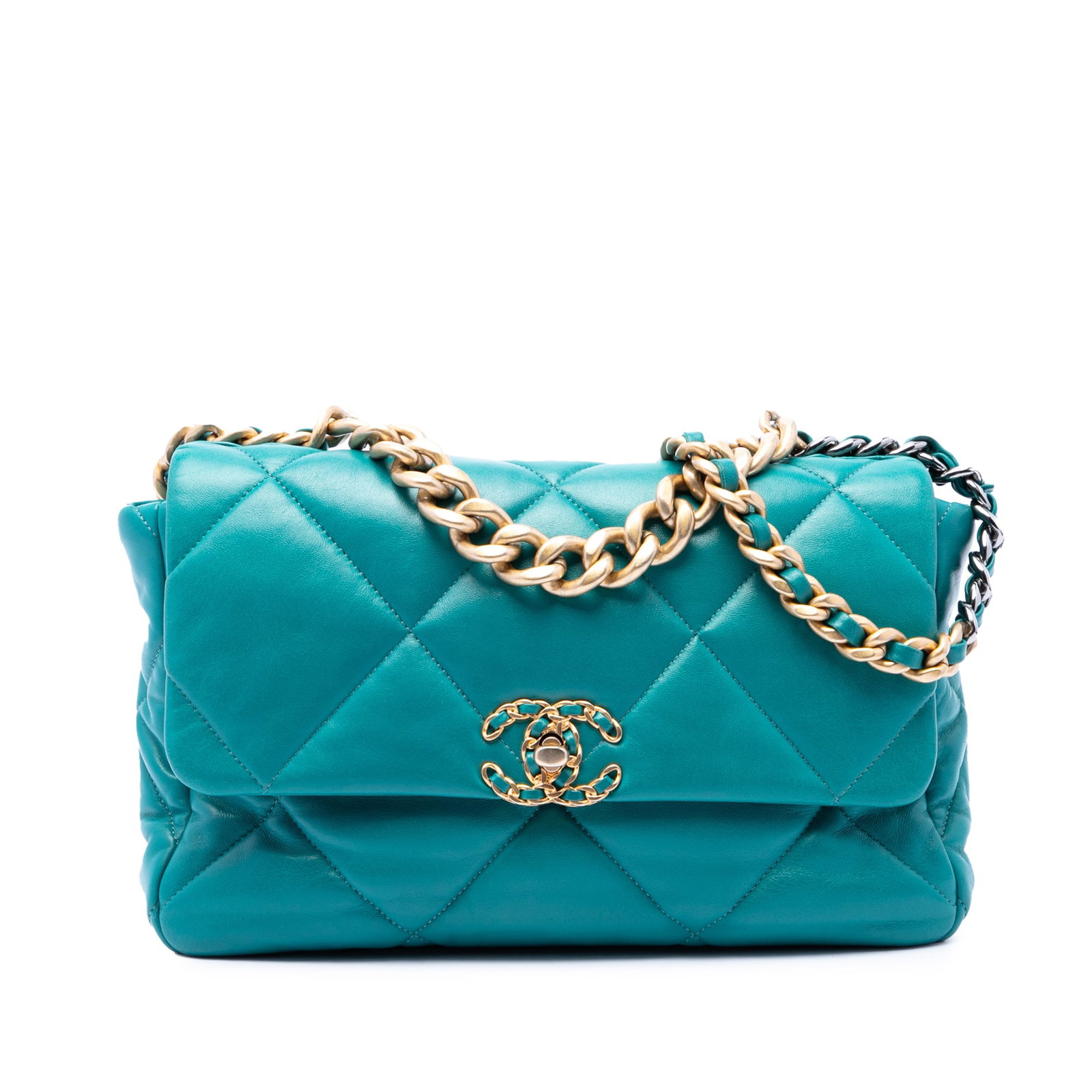 Chanel 19 Flap Large Blue Lambskin Shoulder Bag: Chanel 19 Flap Large Blue Lambskin Shoulder Bag A Chanel Large Lambskin 19 Flap bag in blue leather, made in France. It features a quilted lambskin leather body, chain handle, leather-woven chain link