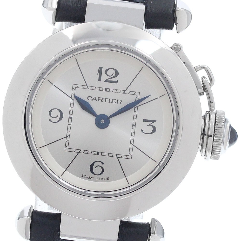 Cartier Miss Pasha W3140025 Ladies Quartz Wristwatch: Cartier Miss Pasha W3140025 Ladies Quartz Wristwatch Cartier Miss Pasha Quartz women's wristwatch, reference W3140025, in pre-owned condition. It features a stainless steel case, silver dial, leather 