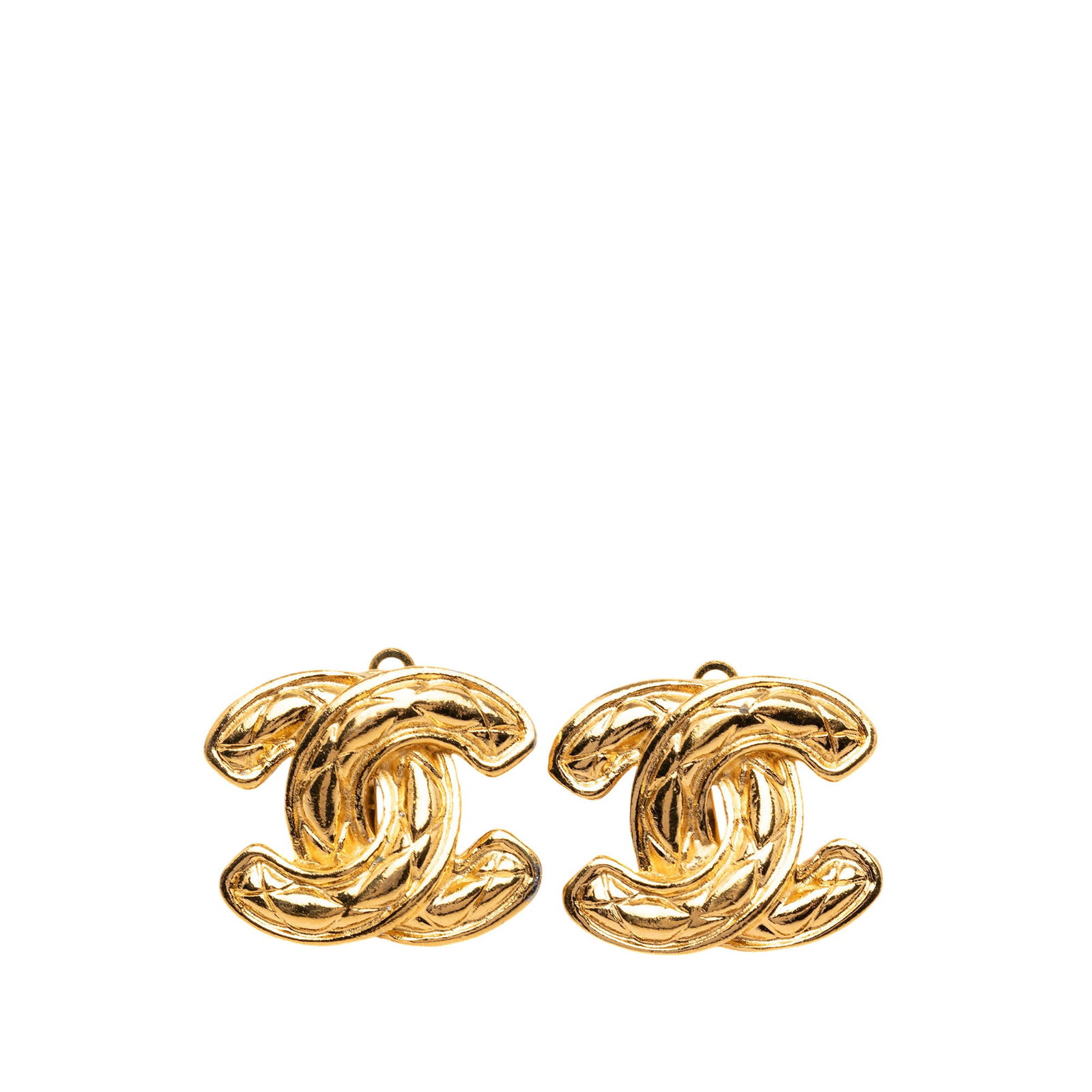 Chanel CC Quilted Clip On Earrings Gold Plated Metal: Chanel CC Quilted Clip On Earrings Gold Plated Metal Chanel CC quilted clip-on earrings in gold-plated metal. This costume jewelry pair is made in France and includes the box. Condition is B+ with dis