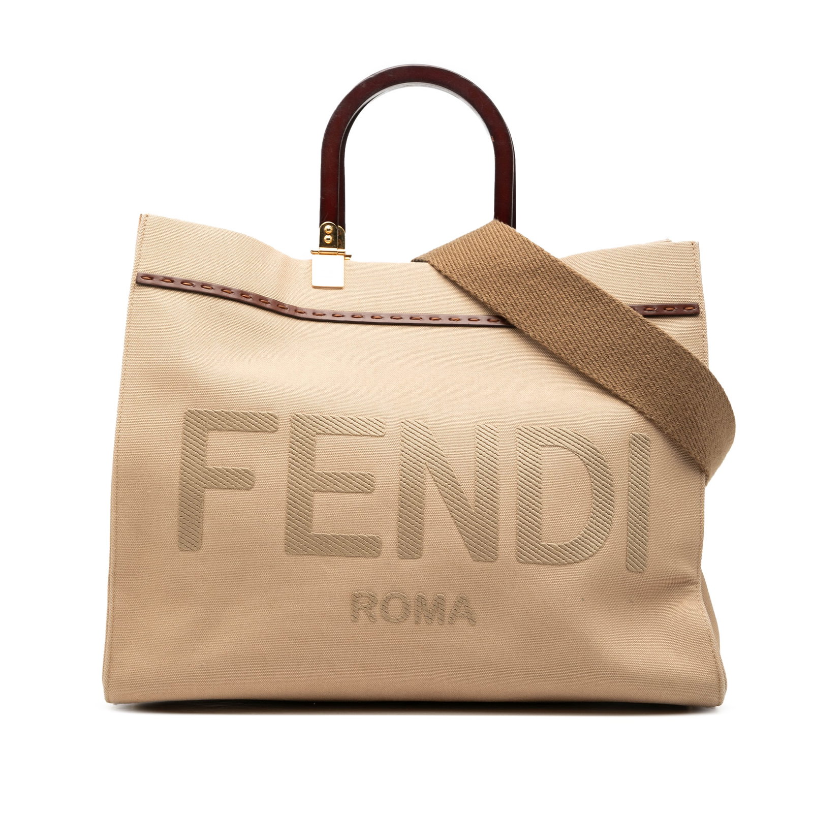 Fendi Canvas Sunshine Shopper Tote Medium Brown Italy: Fendi Canvas Sunshine Shopper Tote Medium Brown Italy This Fendi Medium Canvas Sunshine Shopper Tote features a canvas body with leather trim, wooden handles, an adjustable flat strap, and an open top