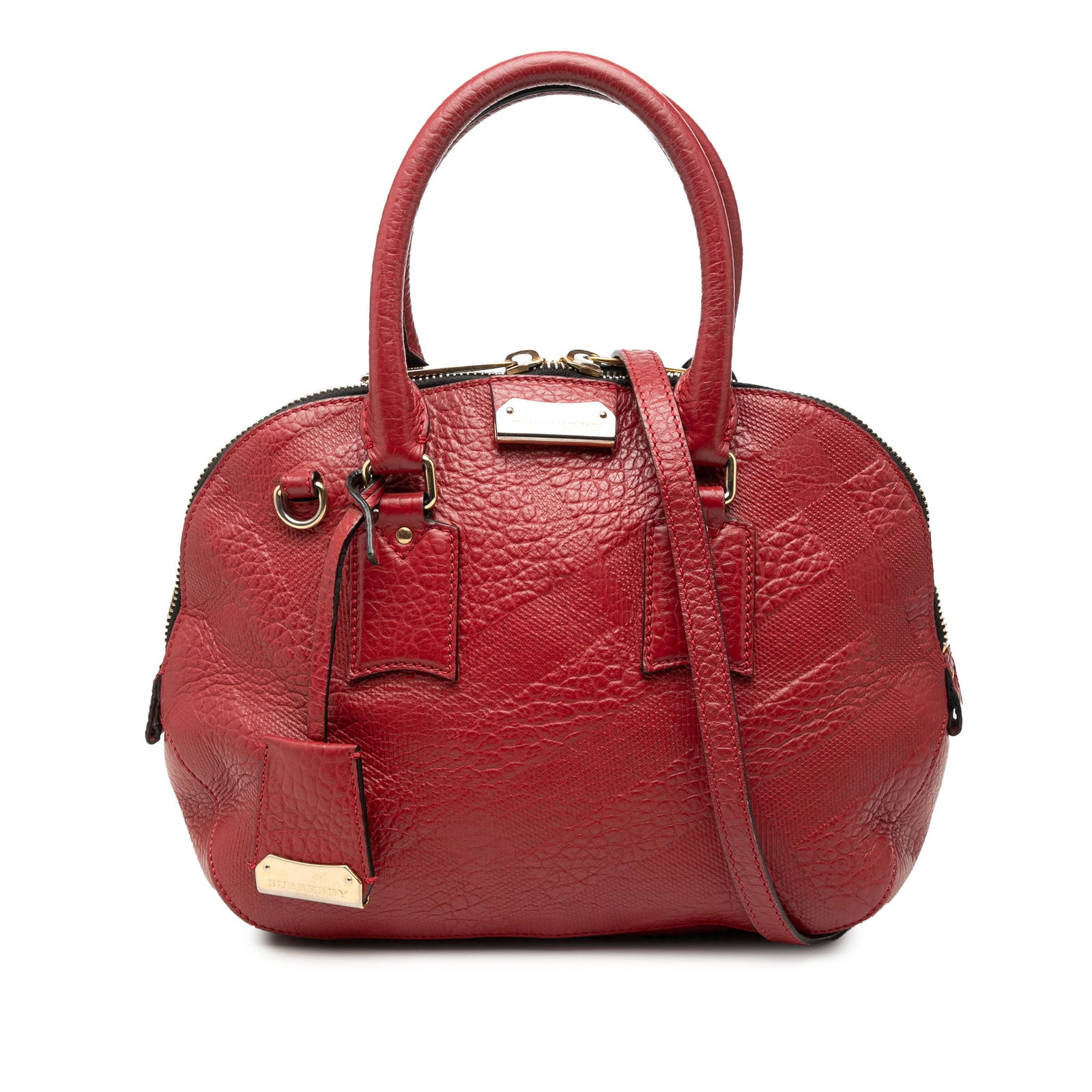 Burberry Orchard Bowling Bag in Red Grain Check Embossed Leather: Burberry Orchard Bowling Bag in Red Grain Check Embossed Leather This Burberry Orchard bowling bag is crafted in embossed and grained leather with rolled leather handles and a detachable flat leather 