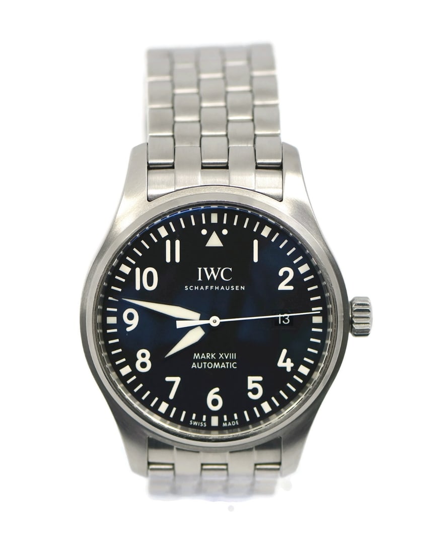 IWC Pilot Mark XVIII Automatic Black Dial IW327015: IWC Pilot Mark XVIII Automatic Black Dial IW327015 This IWC Pilot Mark XVIII is a stainless steel wristwatch designed for men, featuring a mechanical automatic movement and a classic analog display. T