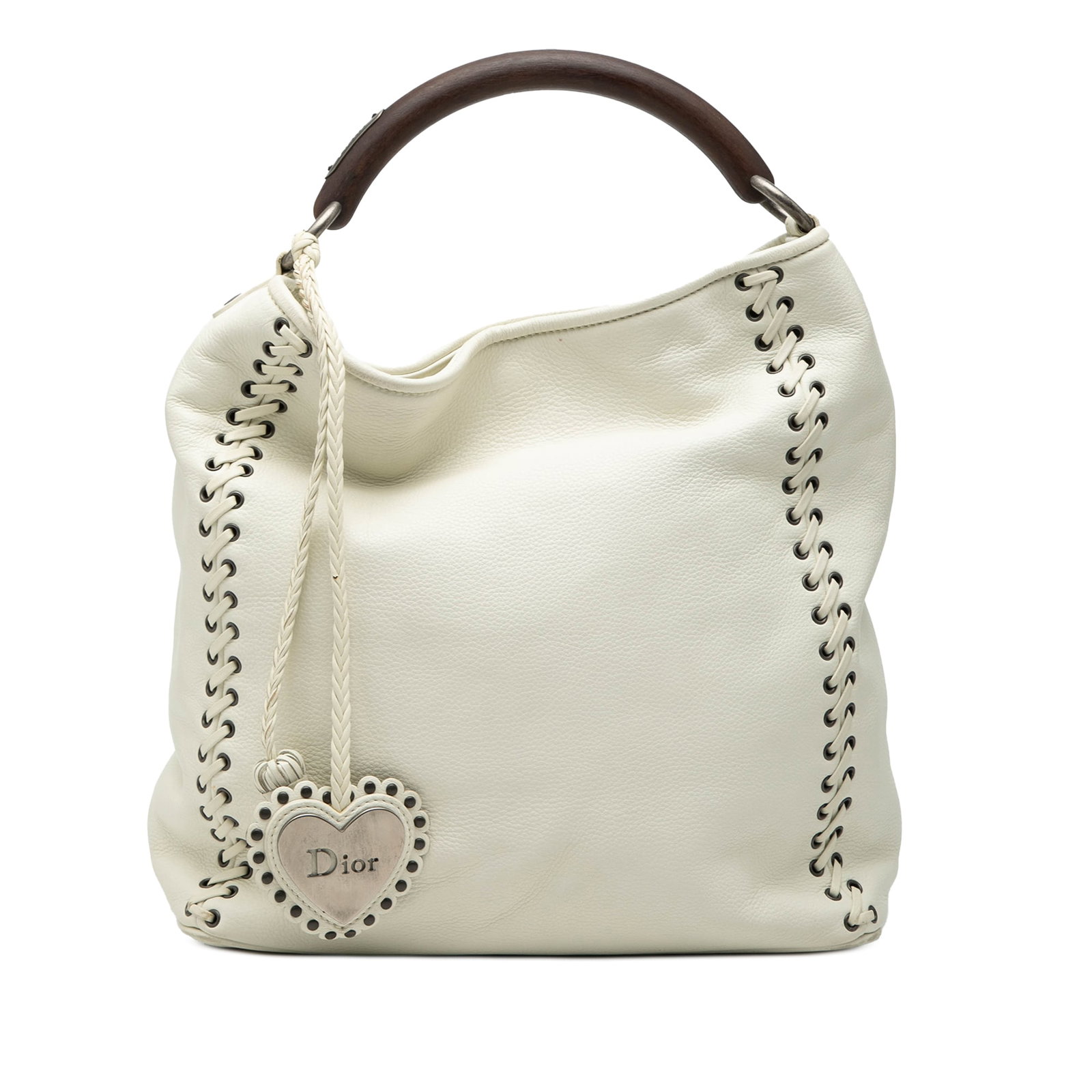 Dior Ethnic Hobo White Leather Tote with Lace Up Detail: Dior Ethnic Hobo White Leather Tote with Lace Up Detail This Dior Leather Ethnic Hobo tote bag features a white leather exterior with lace-up details on the front and a rolled leather strap. The bag h