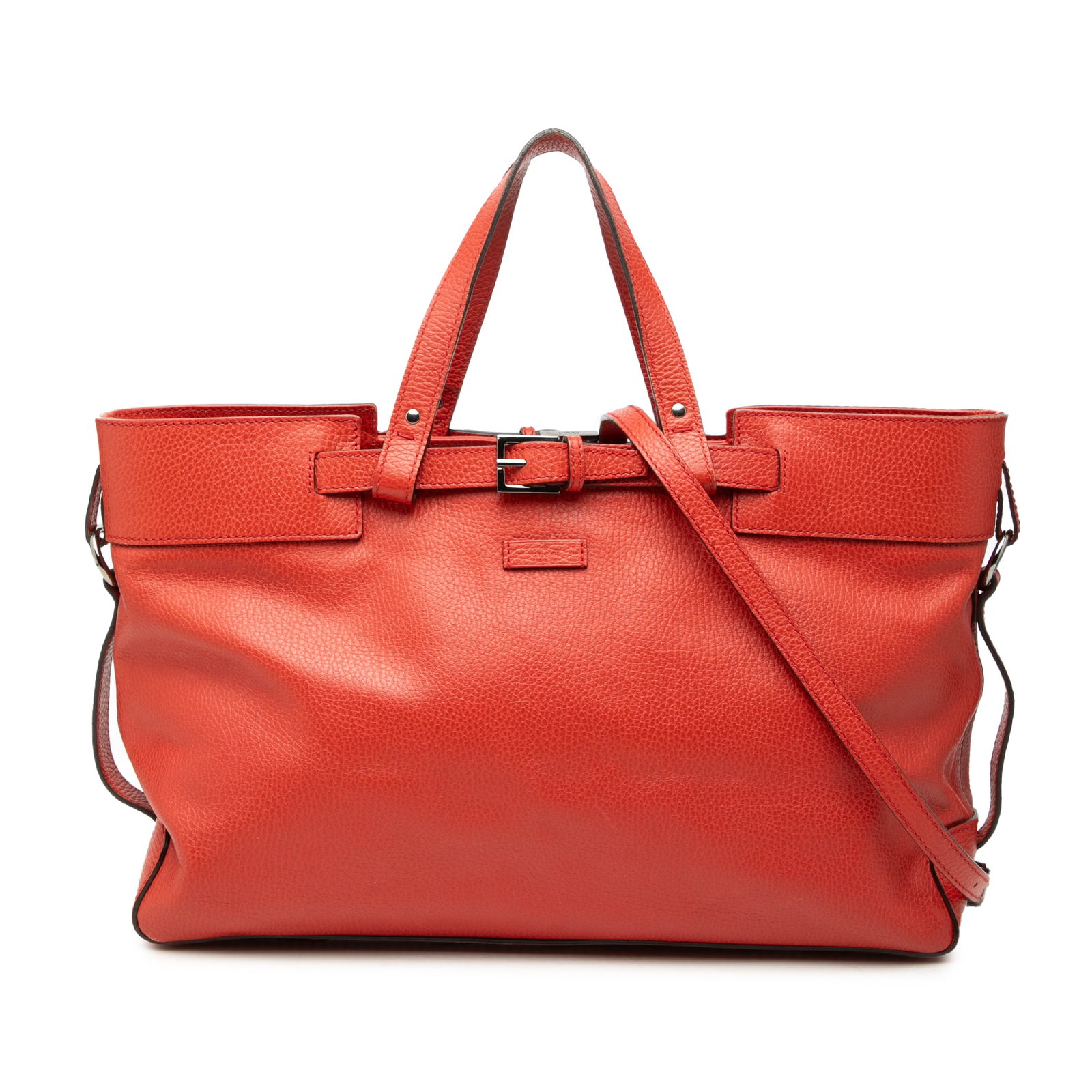 Gucci Calfskin Buckle Leather Satchel Red Made in Italy: Gucci Calfskin Buckle Leather Satchel Red Made in Italy Red leather satchel with flat leather handles, a detachable flat leather strap, an open top, and an interior zip pocket. Condition is B+ with vi