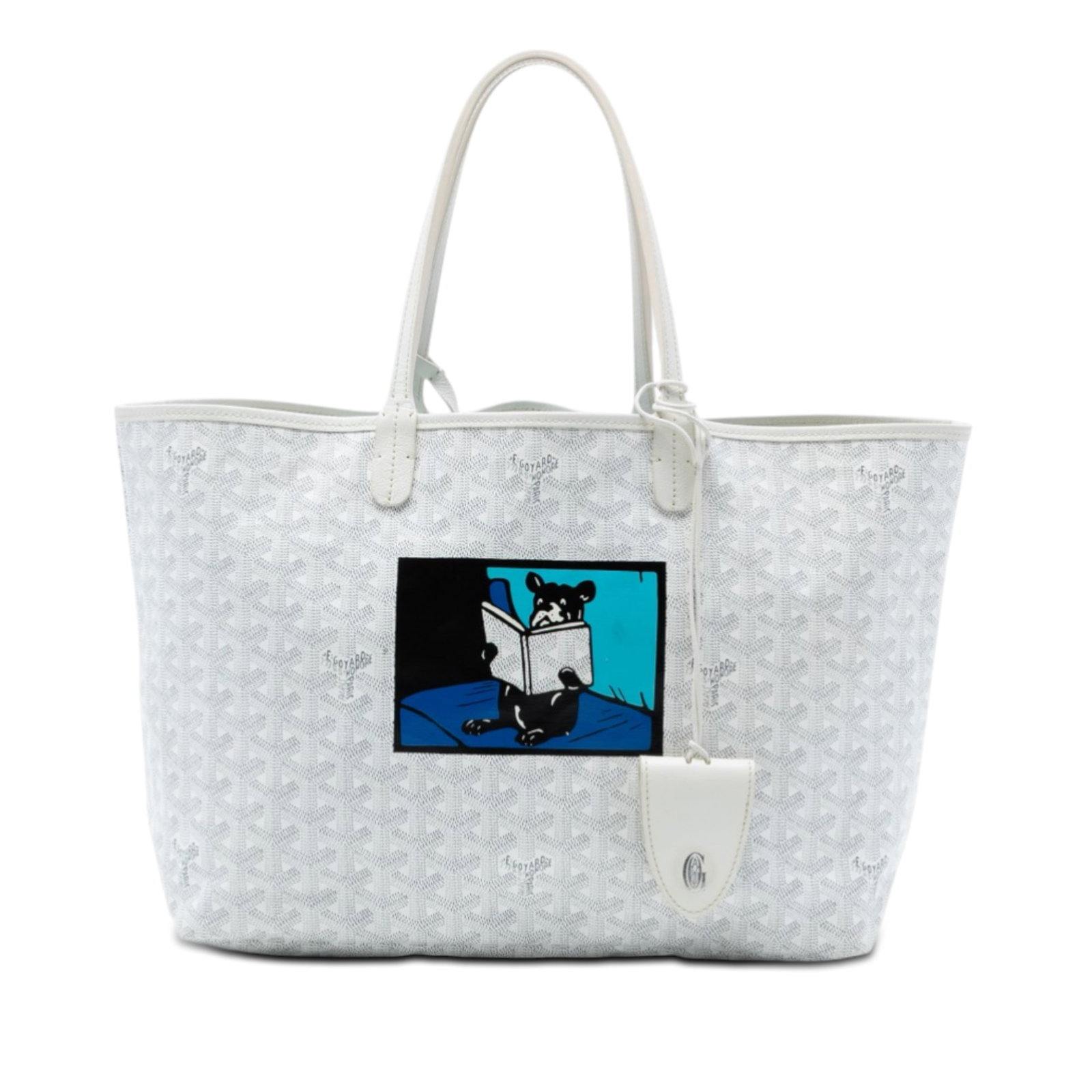Goyard Saint Louis PM French Bulldog Tote: Goyard Saint Louis PM French Bulldog Tote This Goyard Saint Louis PM tote features a distinctive printed coated canvas body with leather trim, flat leather straps, an open top, and an interior pouch. 